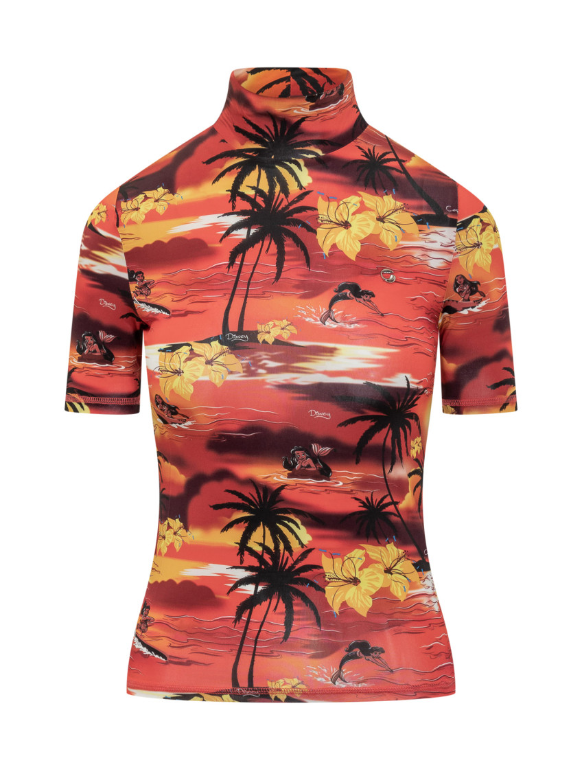 Red Printed Mock Collar Top