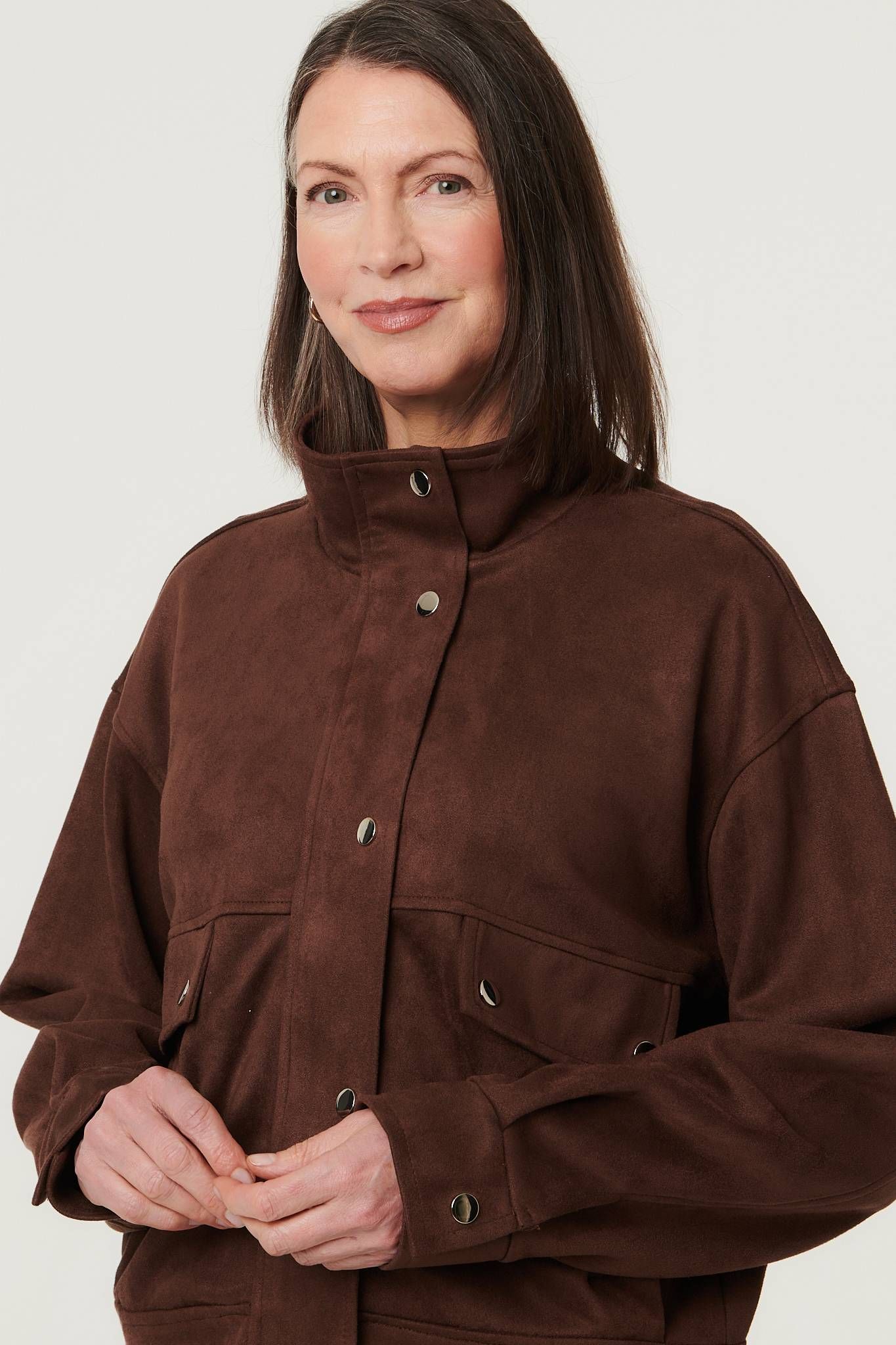 Izabel London Faux Suede Pocket Front Relaxed Jacket In Brown