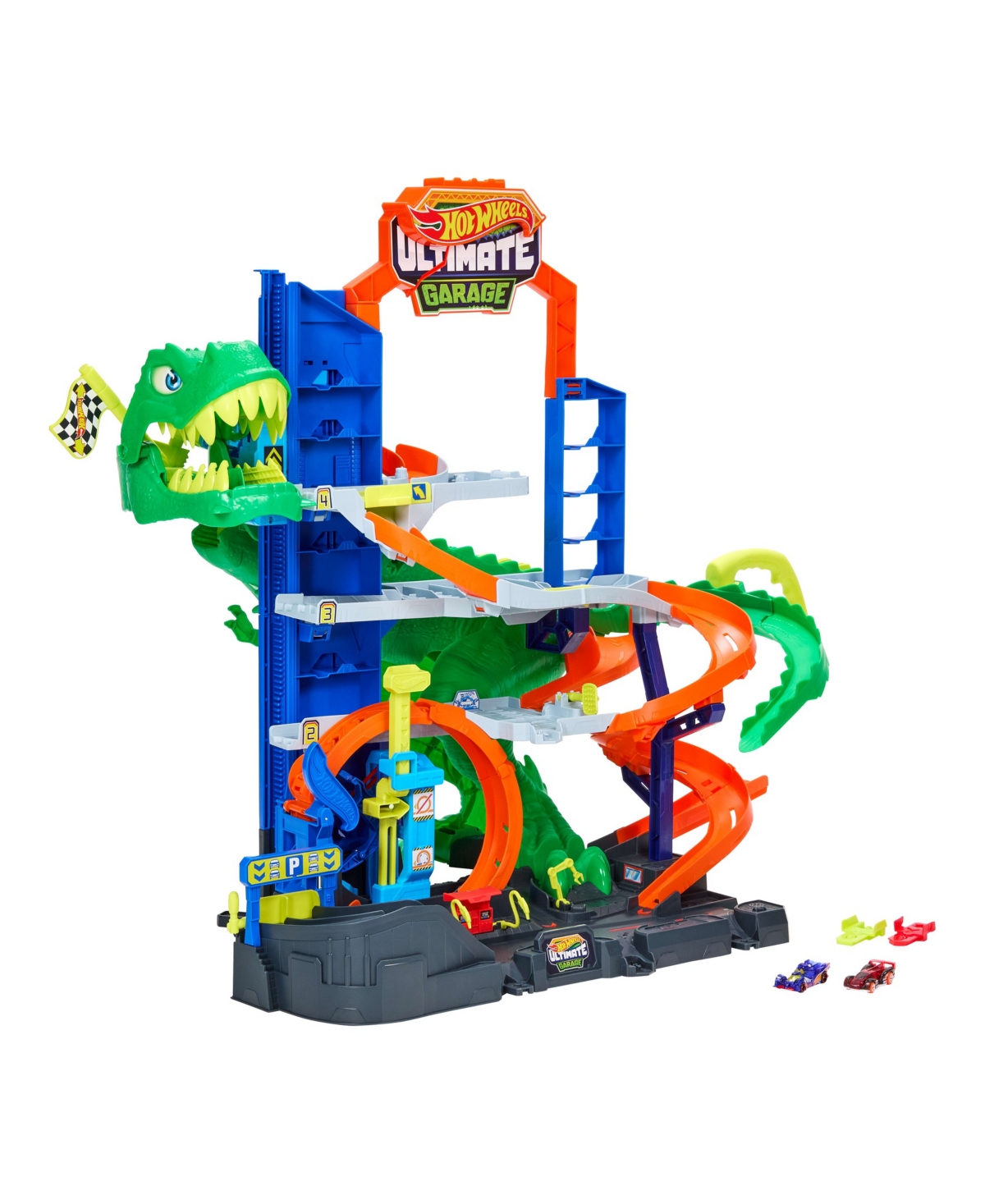 1:64 scale City Ultimate T-Rex Garage with 2 Toy Cars & Storage for 50+, Race & Stunt, Dino Nemesis