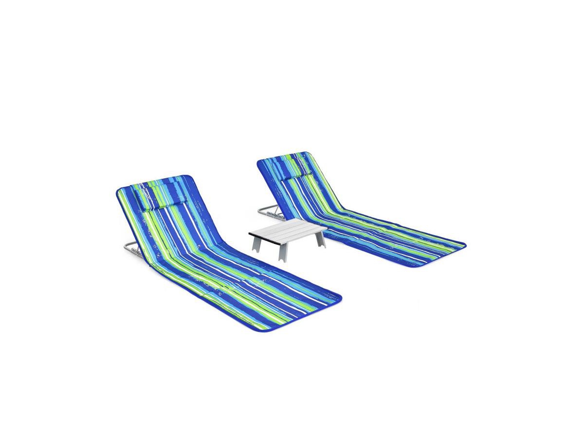 3 Pieces Beach Lounge Chair Mat Set 2 Adjustable Lounge Chairs with Table - Stripe