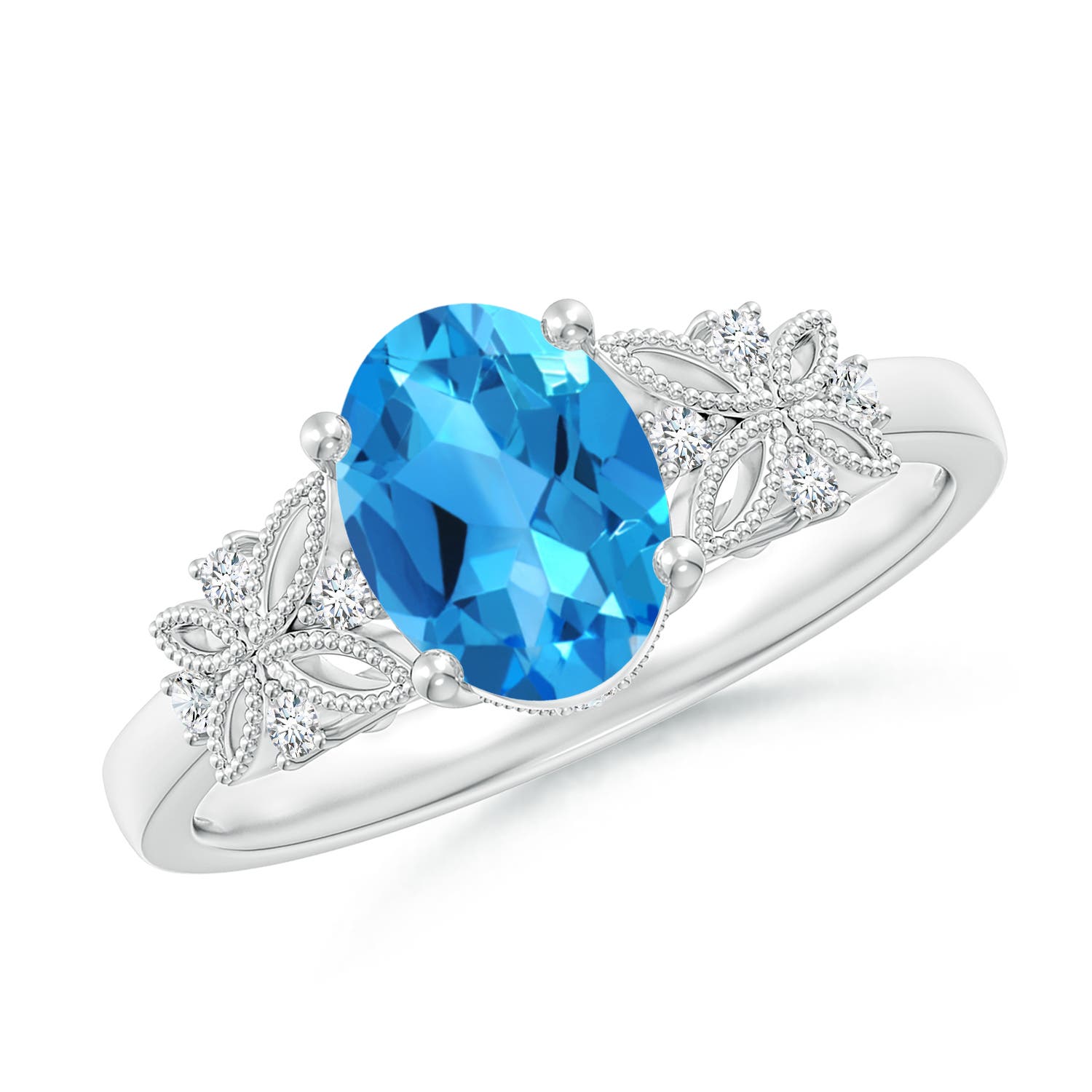 Angara 1.5 Carats Vintage Style Oval Swiss Blue Topaz Ring with Diamonds in Platinum