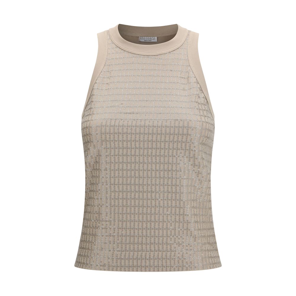 Luminous Embroidered Cotton Tank Top — Beige