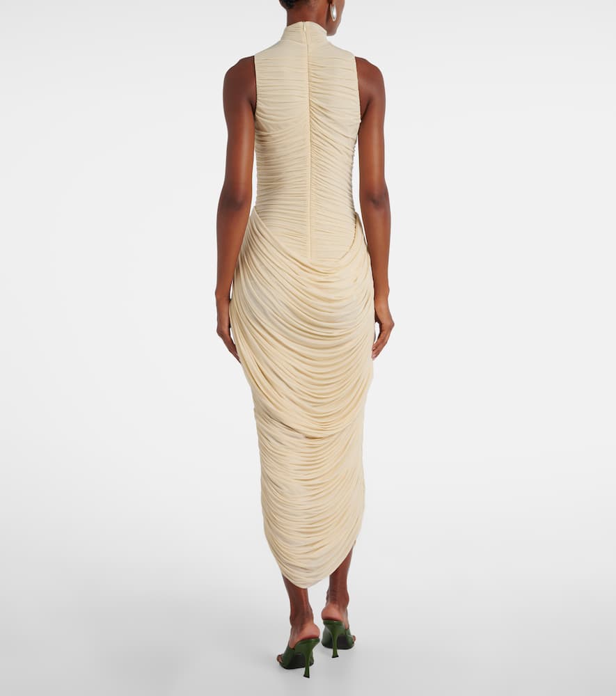 Floral-appliqué draped ruched gown