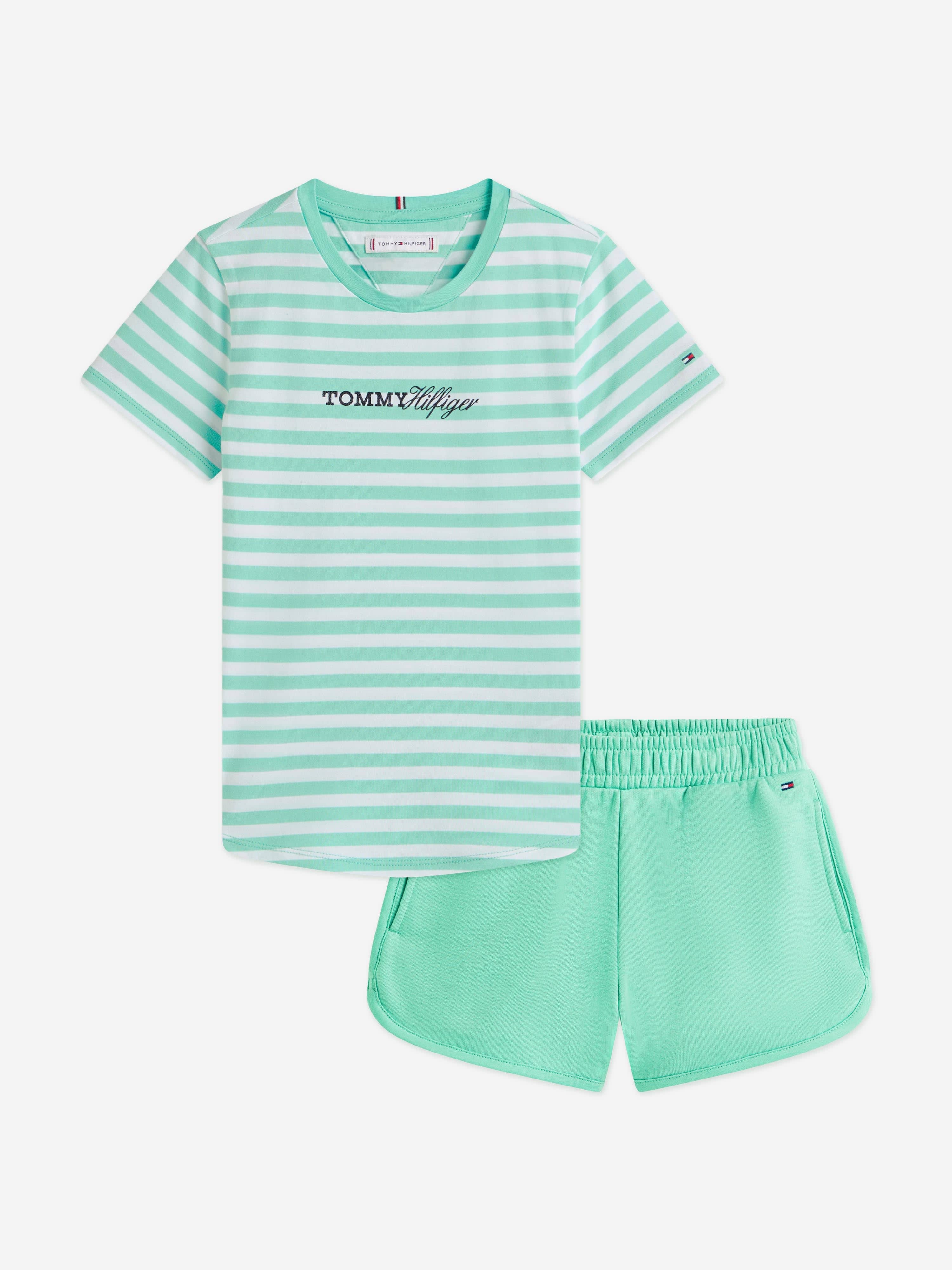 Girls Glitter Logo Striped Short Set in Green 10 Years Khaki By Childsplay Clothing