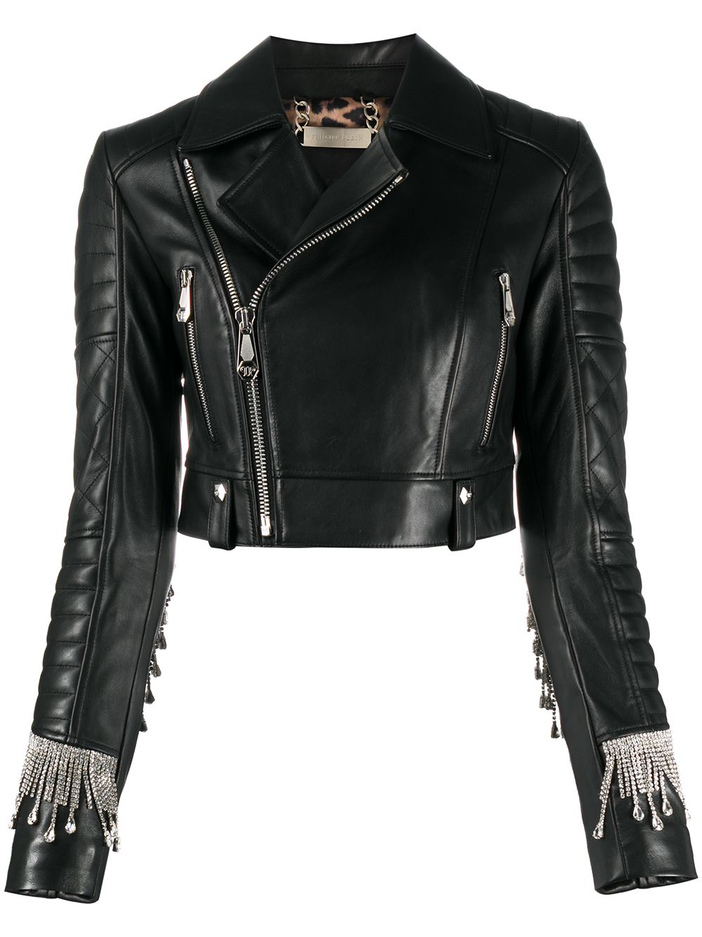Crystal-fringe biker jacket - Black
