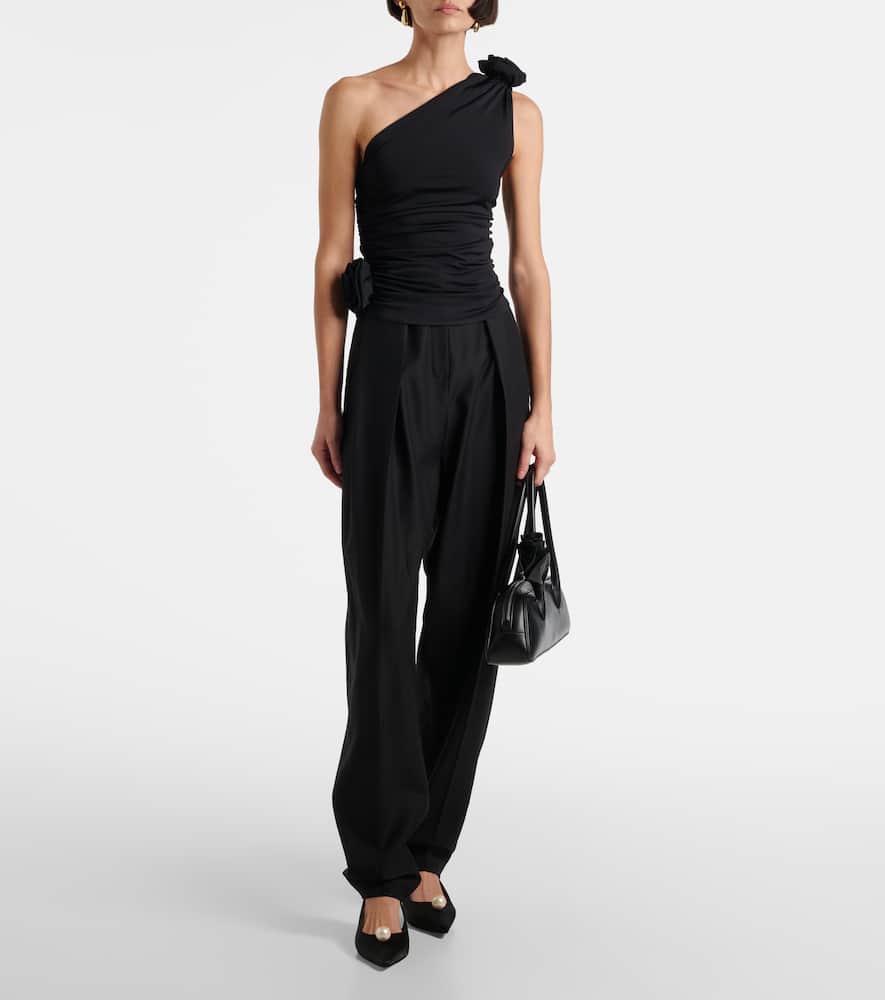 Floral-appliqué one-shoulder jersey top