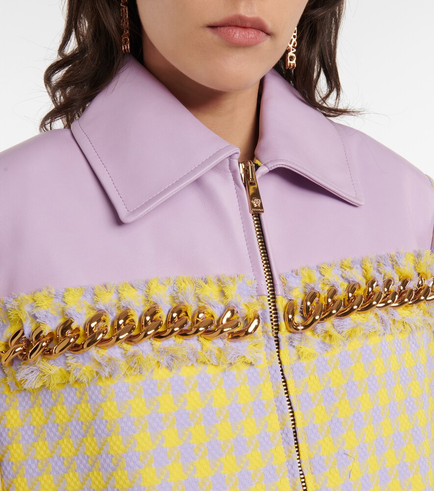 Leather-trimmed checked wool jacket