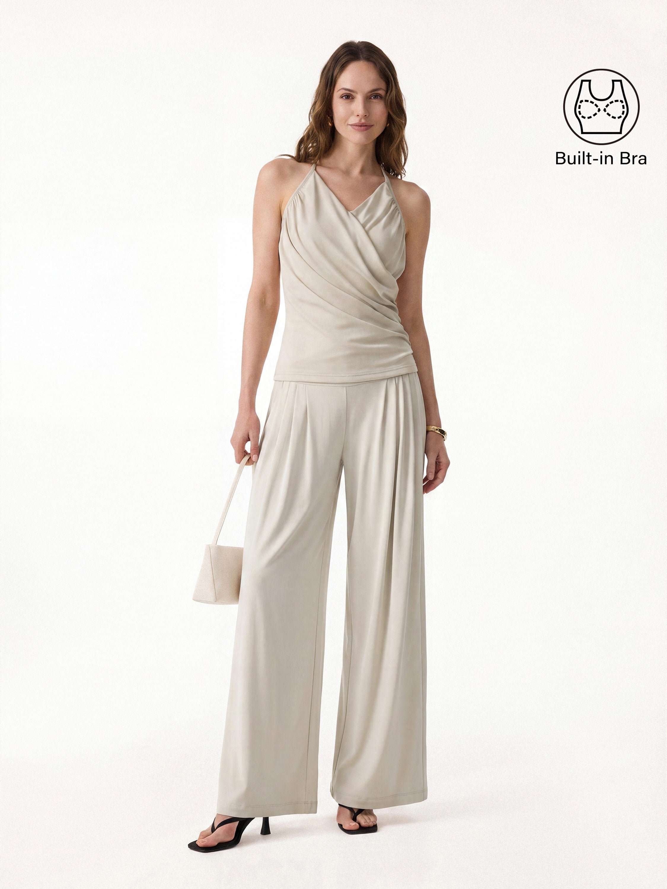 2Pcs Set Halter Neck Surplice Bra Top & Tucked Palazzo Pant with Pockets - Morning Mist / XS