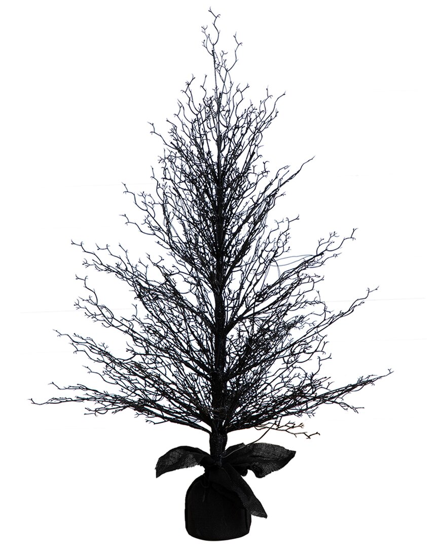 4ft Pre-Lit Halloween Black Twig Artificial Fall Tree In Burlap  Planter With 63 Warm White LED Lights