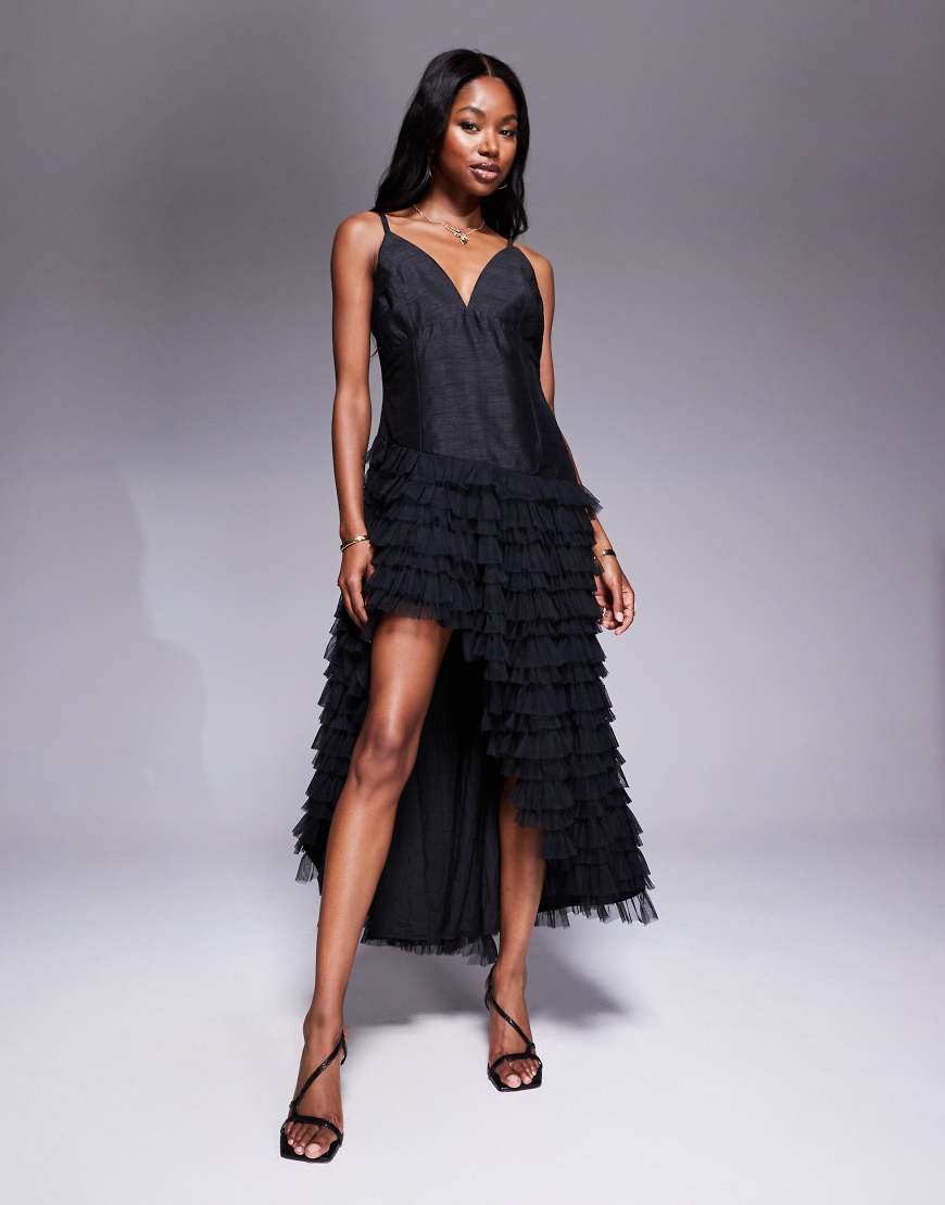 Tulle ruffle midi dress in black