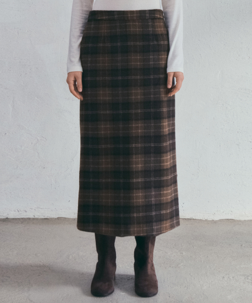 Wool Pencil Check Skirt_Brown