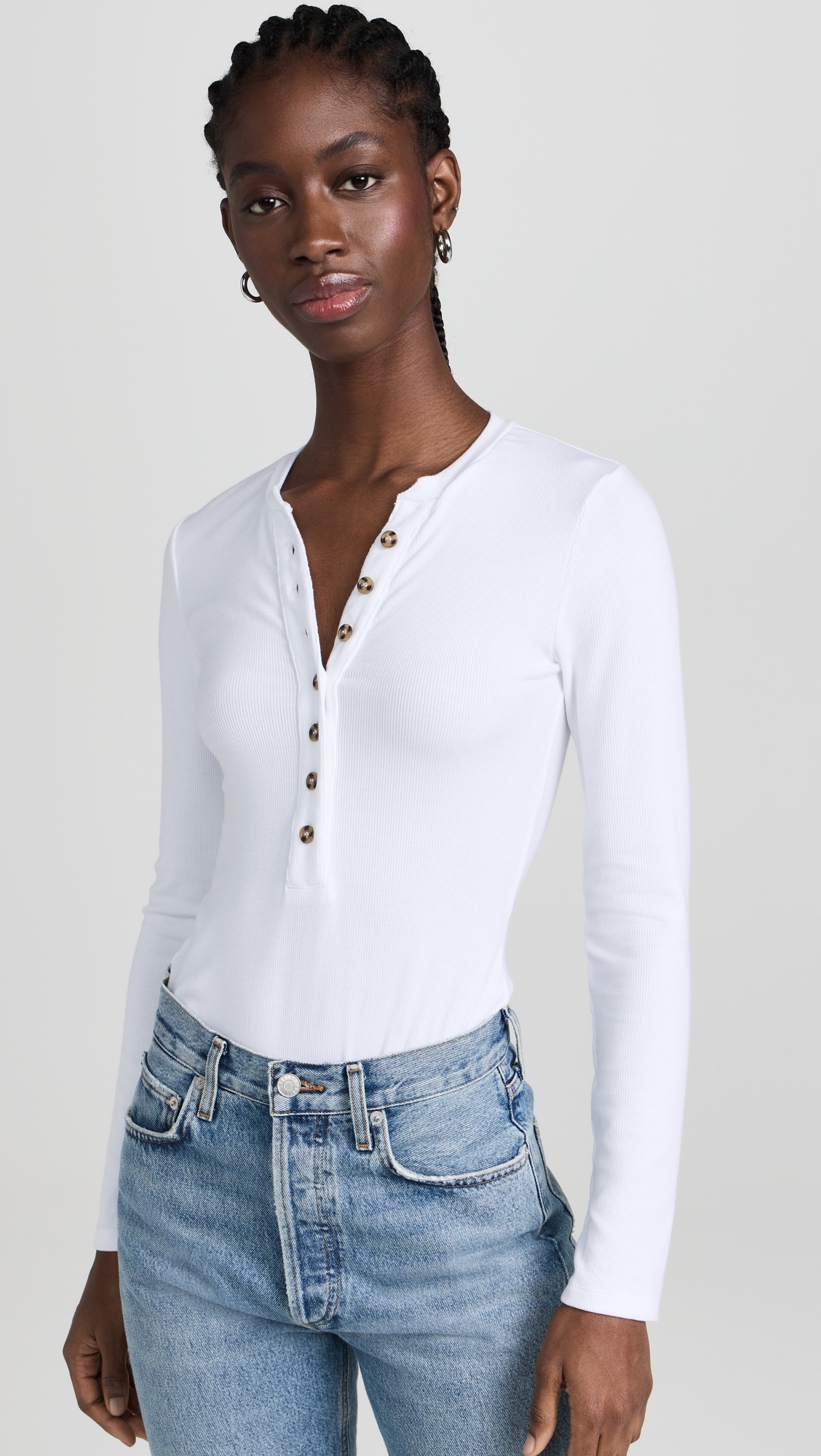 Ambitionist 여성 Button Up Ribbed Henley Bodysuit White