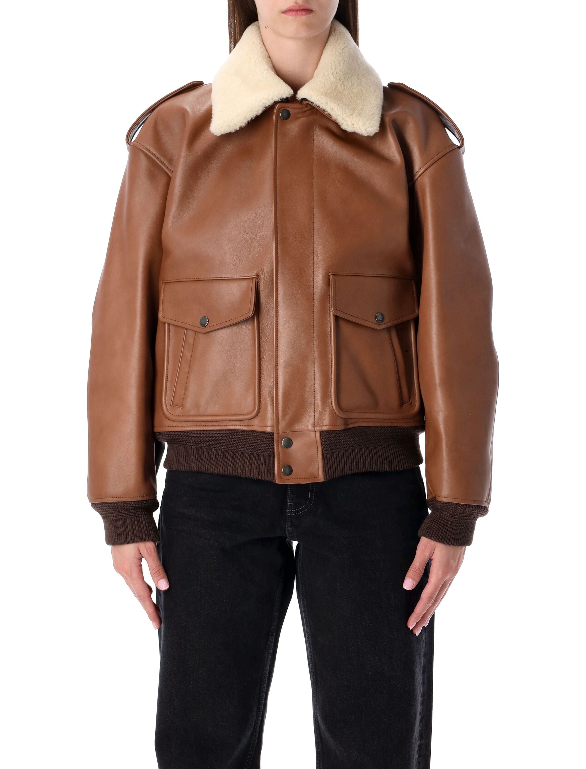 Bomber Jacket in Grained Leather and Shearling