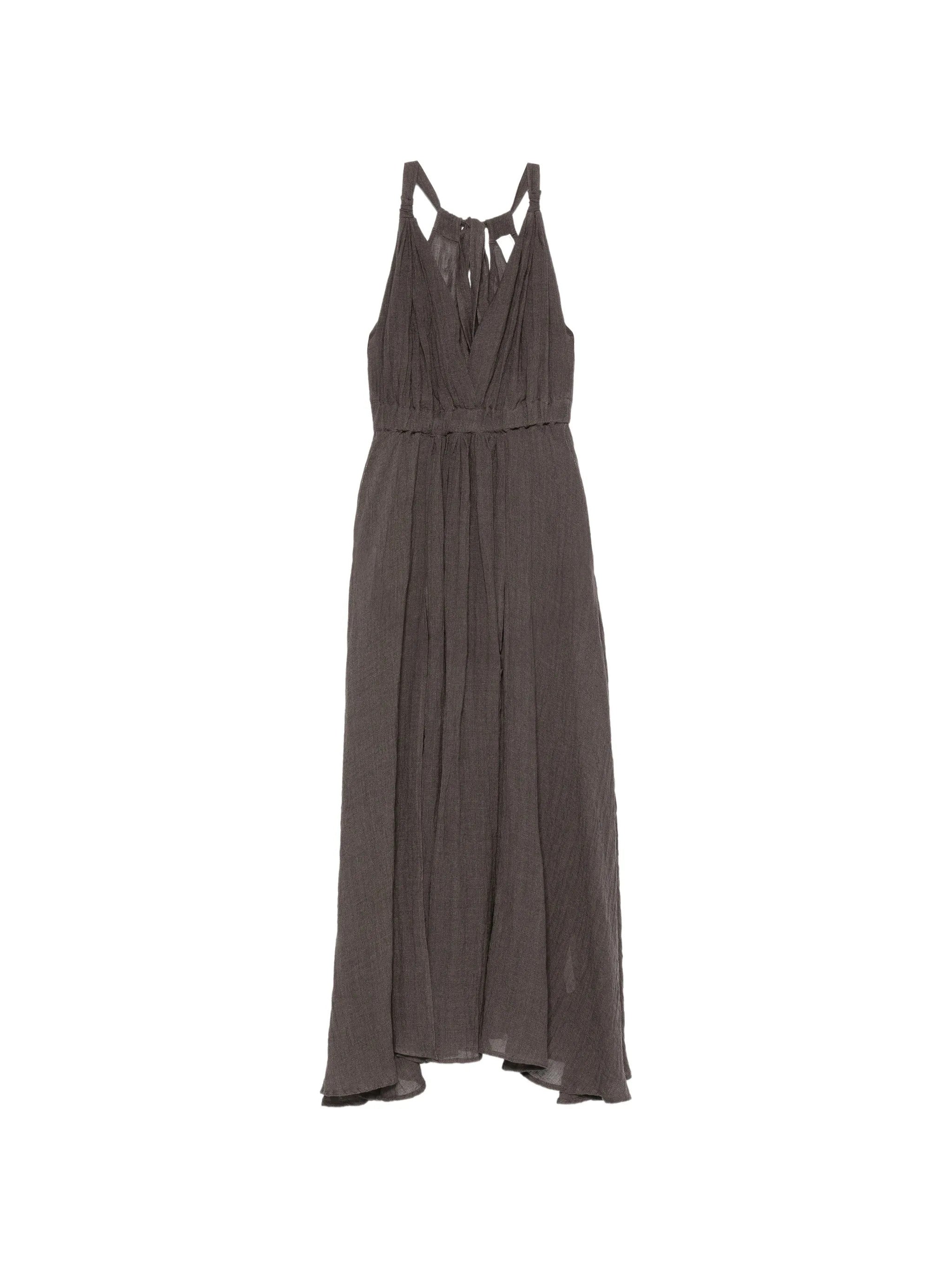Linen Mini Dress with Adjustable Back Closure, V-Neck & Slit Skirt