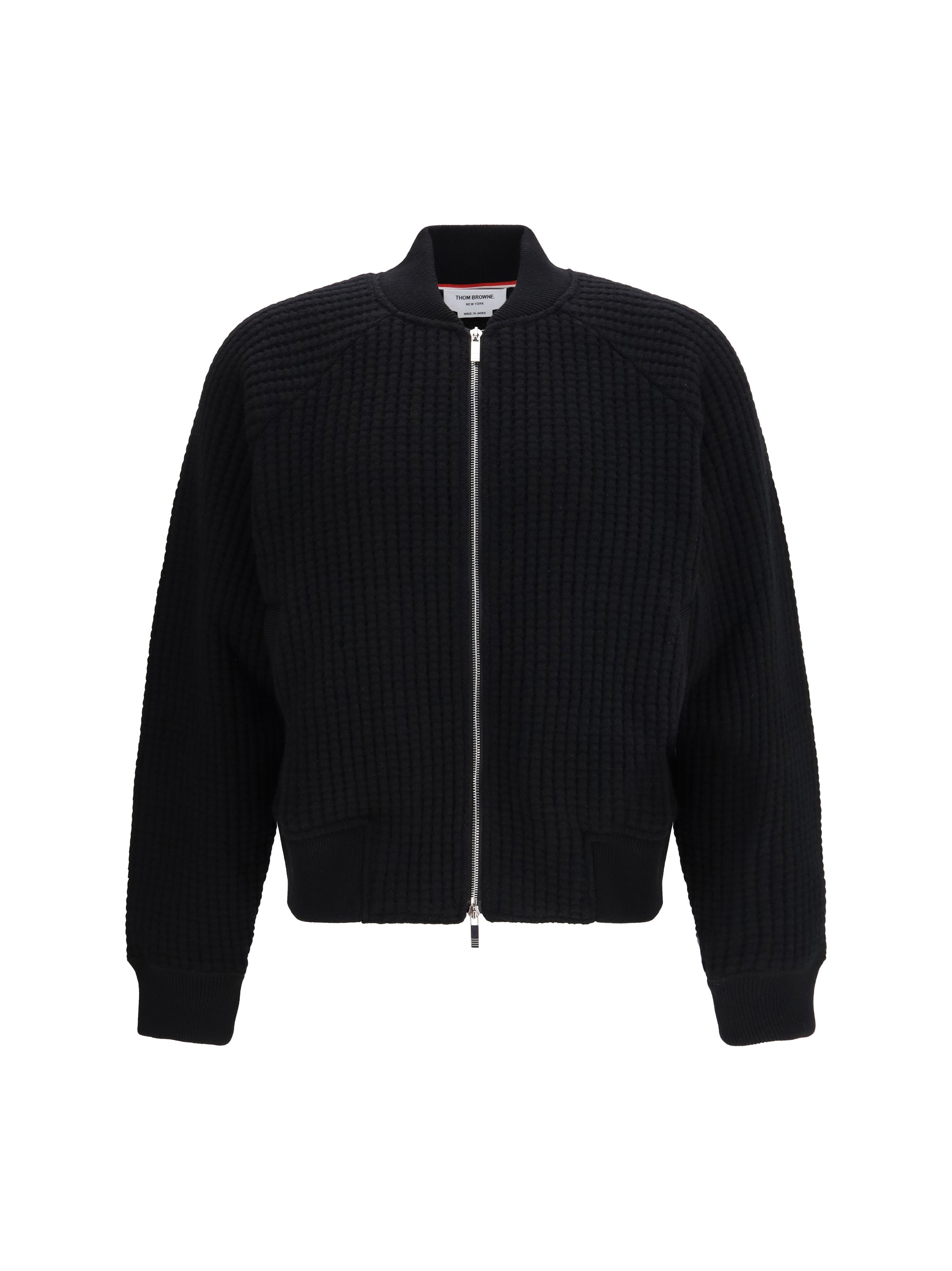 Ribbed Wool Knit Bomber Jacket — Black