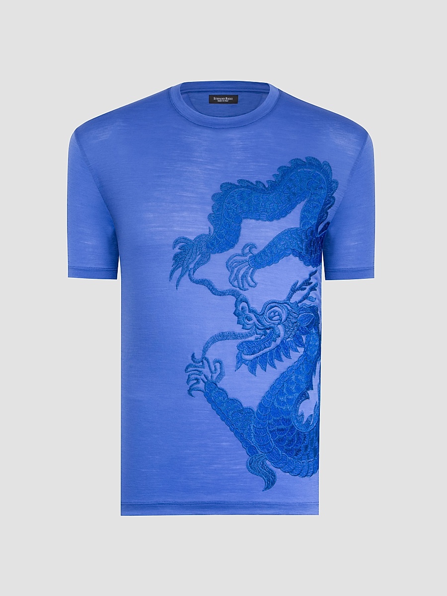 Men's Dragon Embroidered Design T-Shirt - Mediterranean