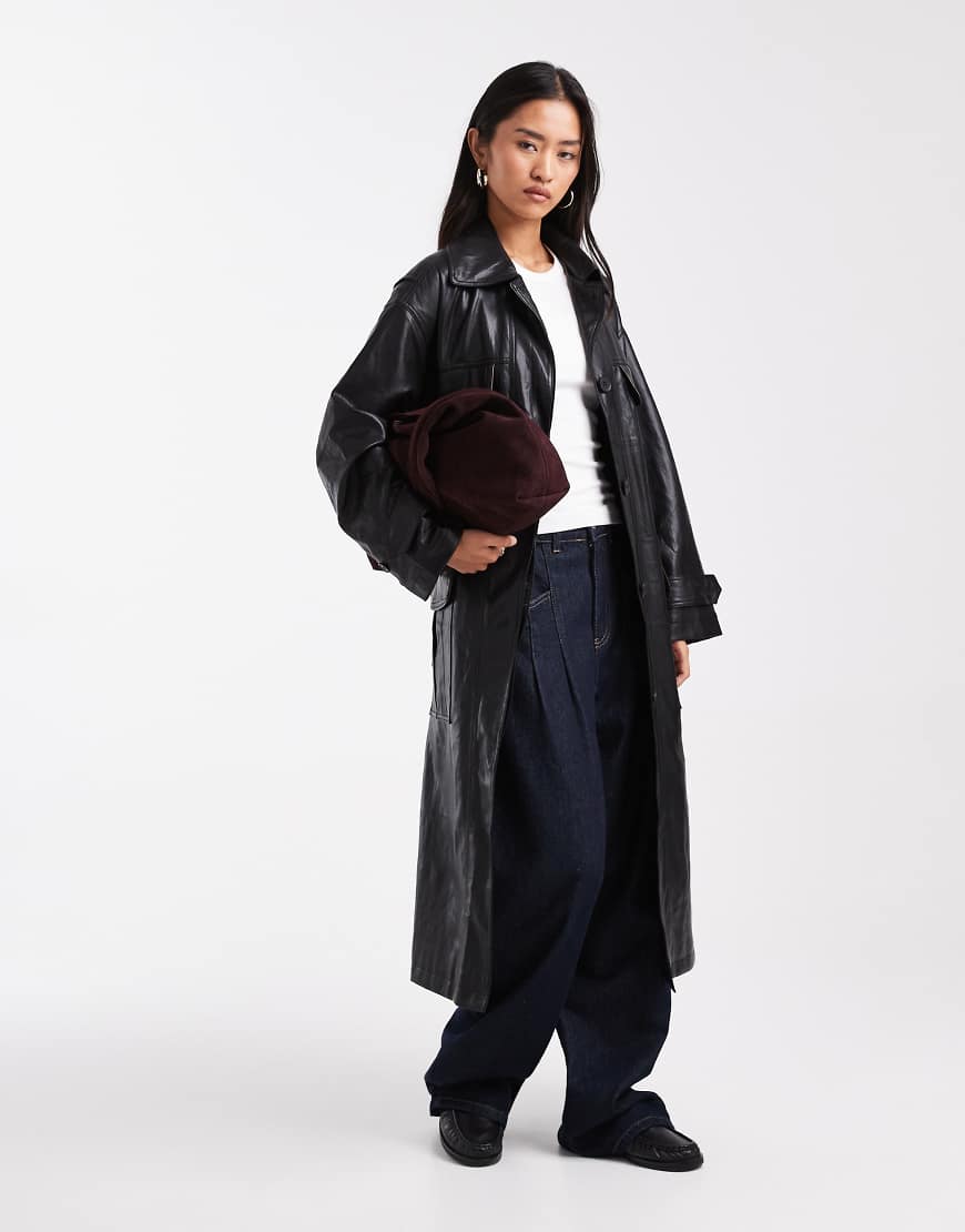 Longline leather look trench coat with contrast pockets in black