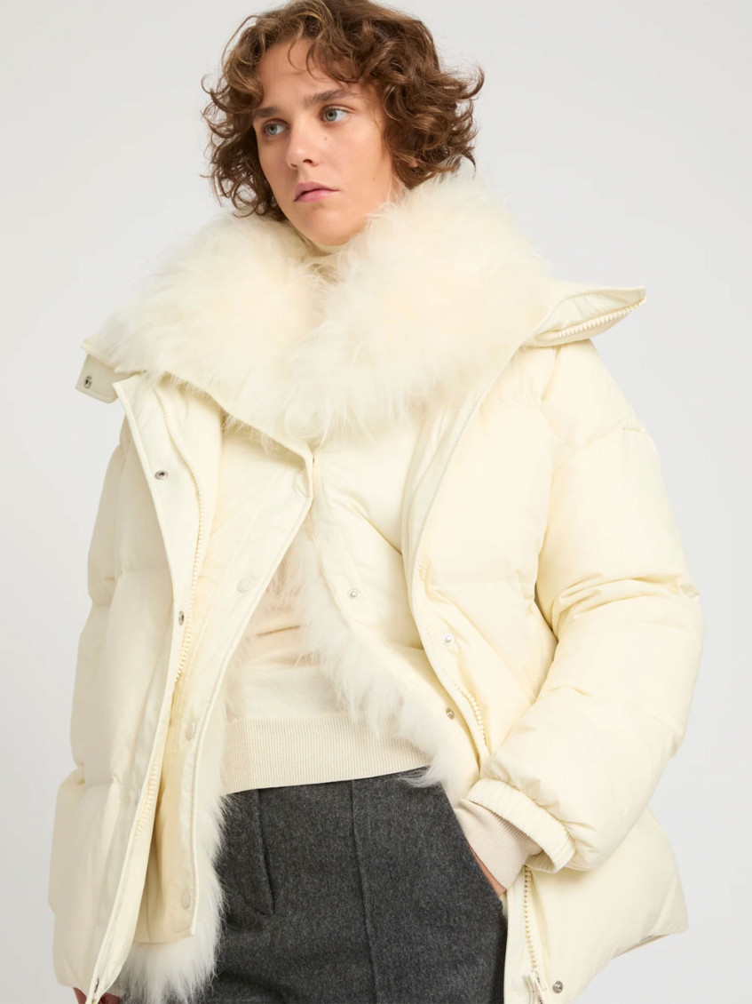 Ys Army Collection: Mid-Length Down Jacket With Removable Bib And Lambswool Trim