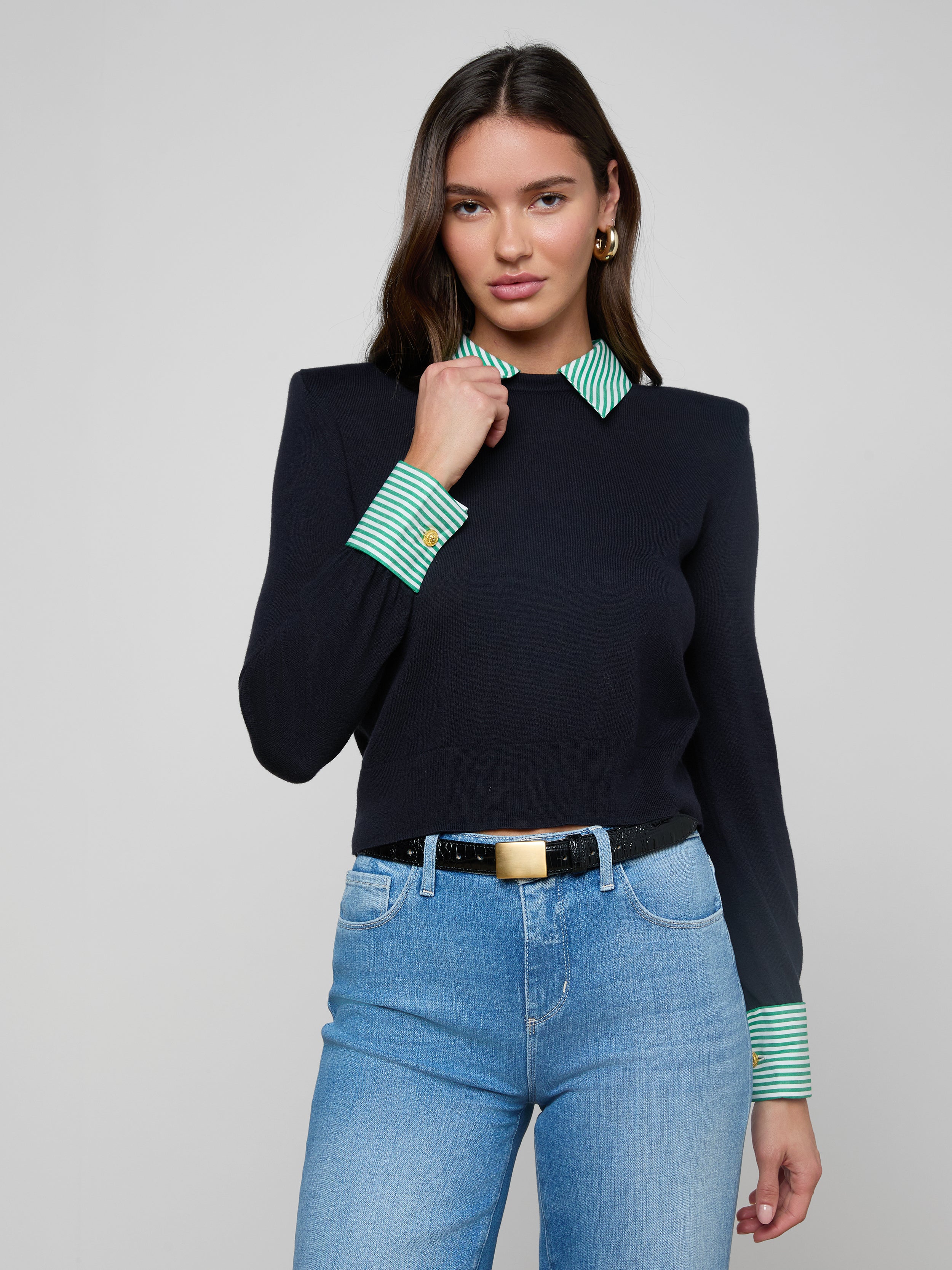 April Poplin Collar Pullover In Dark Navy/green White Stripe