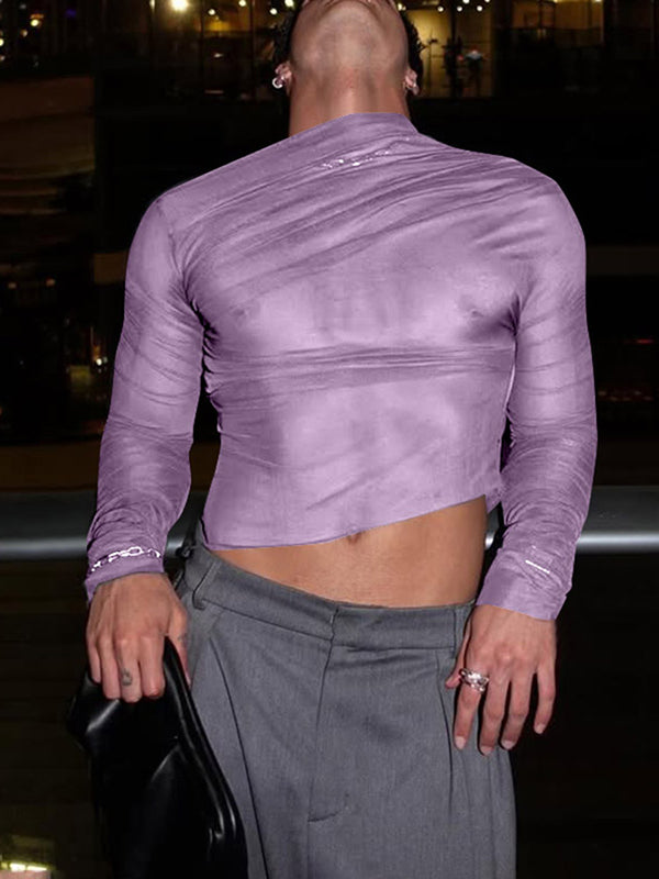 Mens Sheer Ruched Cropped Long Sleeve T-Shirt SKUK97836 - Purple / S