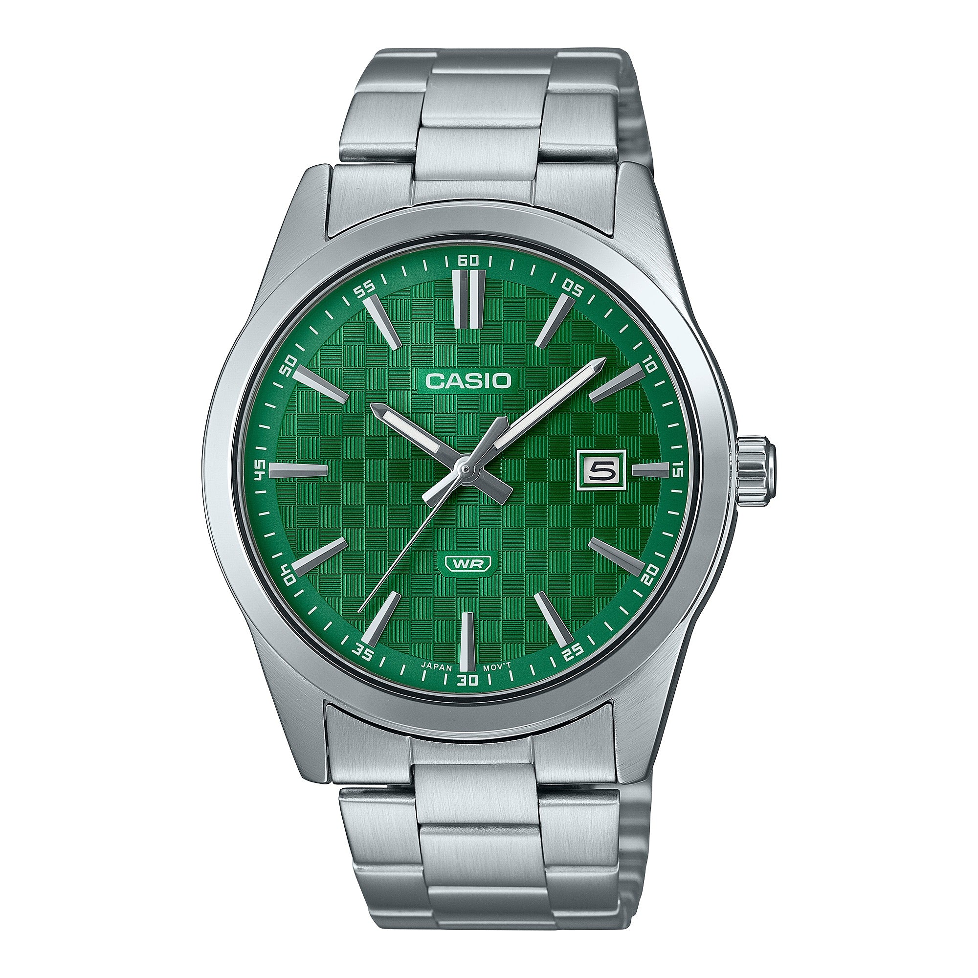 Men's Silver Stainless Steel Watch with Green Textured Dial - MTP-VD03D-3A1UDF