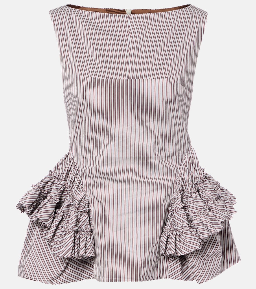 Striped ruffled cotton and silk top