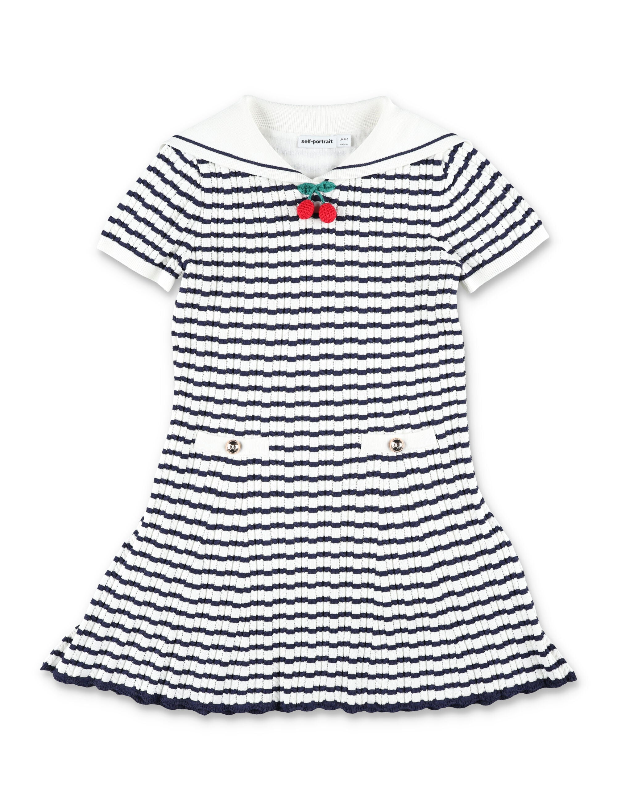 Textured Pointelle Sailor Knit Dress with Cherry Appliqué & Button Detail