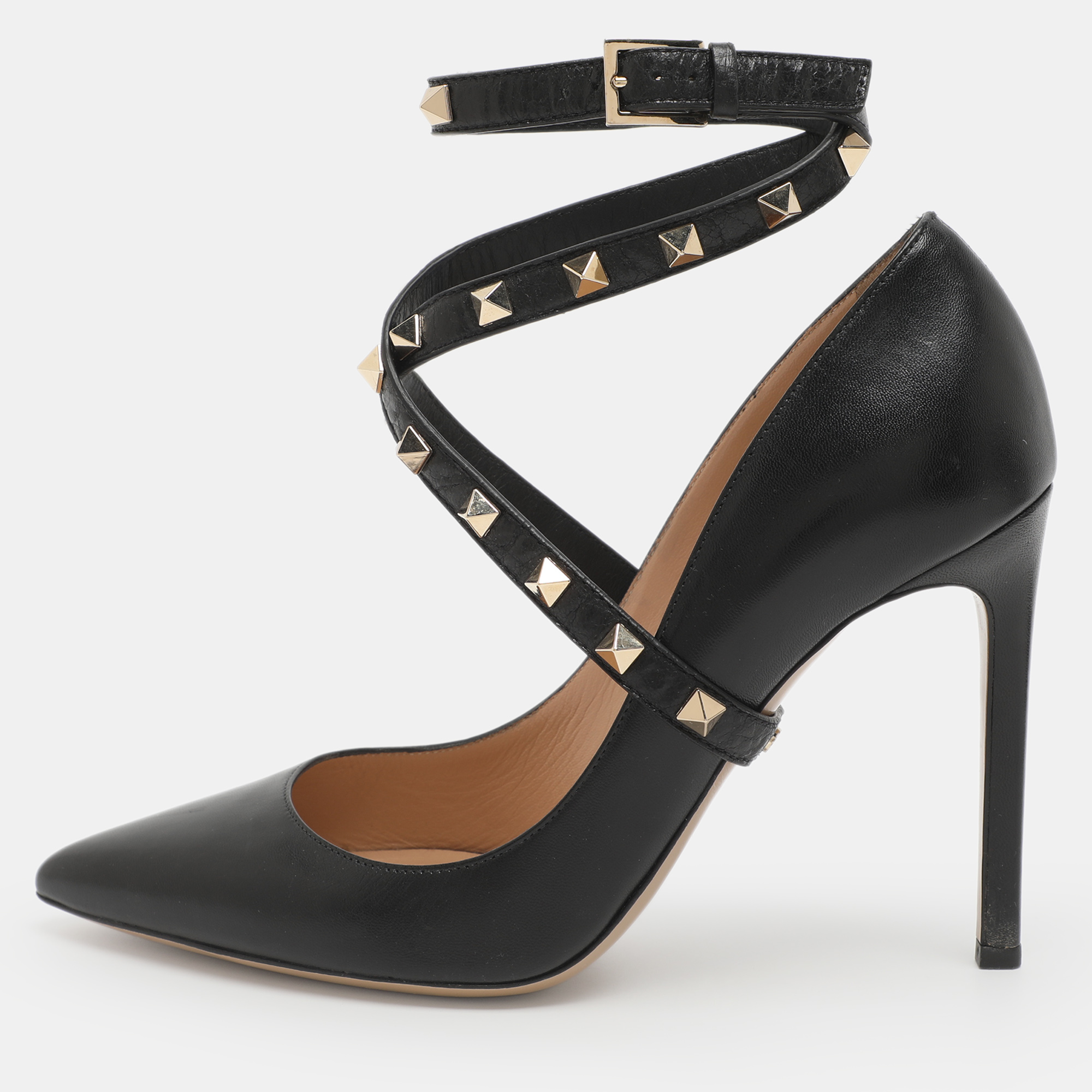 Valentino Rockstud 38 Black Leather Ankle Wrap Pump