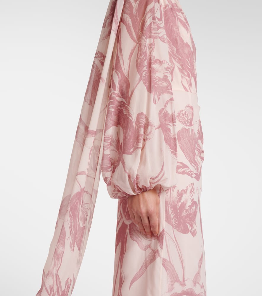 Draped floral silk voile gown