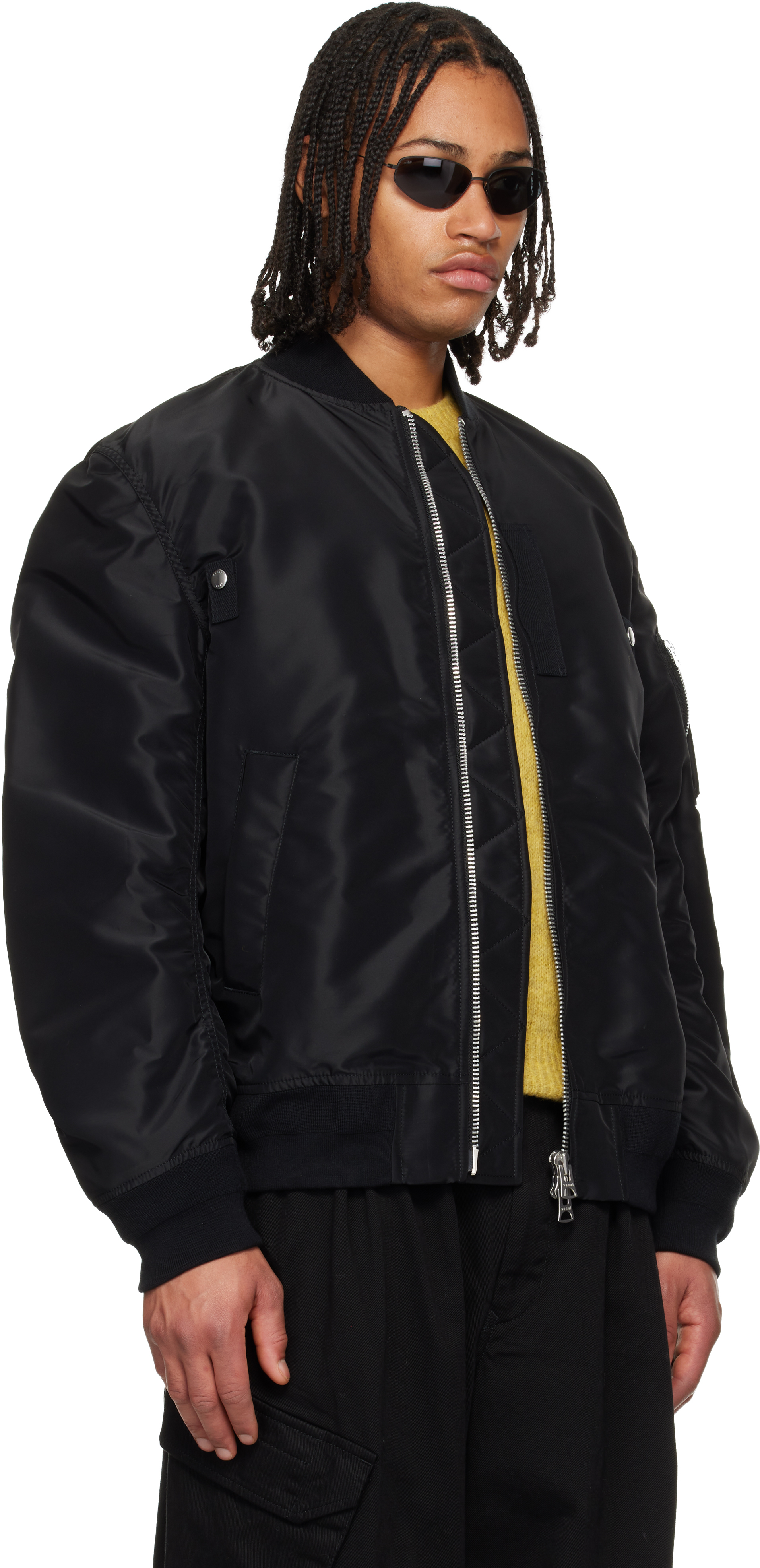 Black Nylon Twill Blouson Bomber Jacket