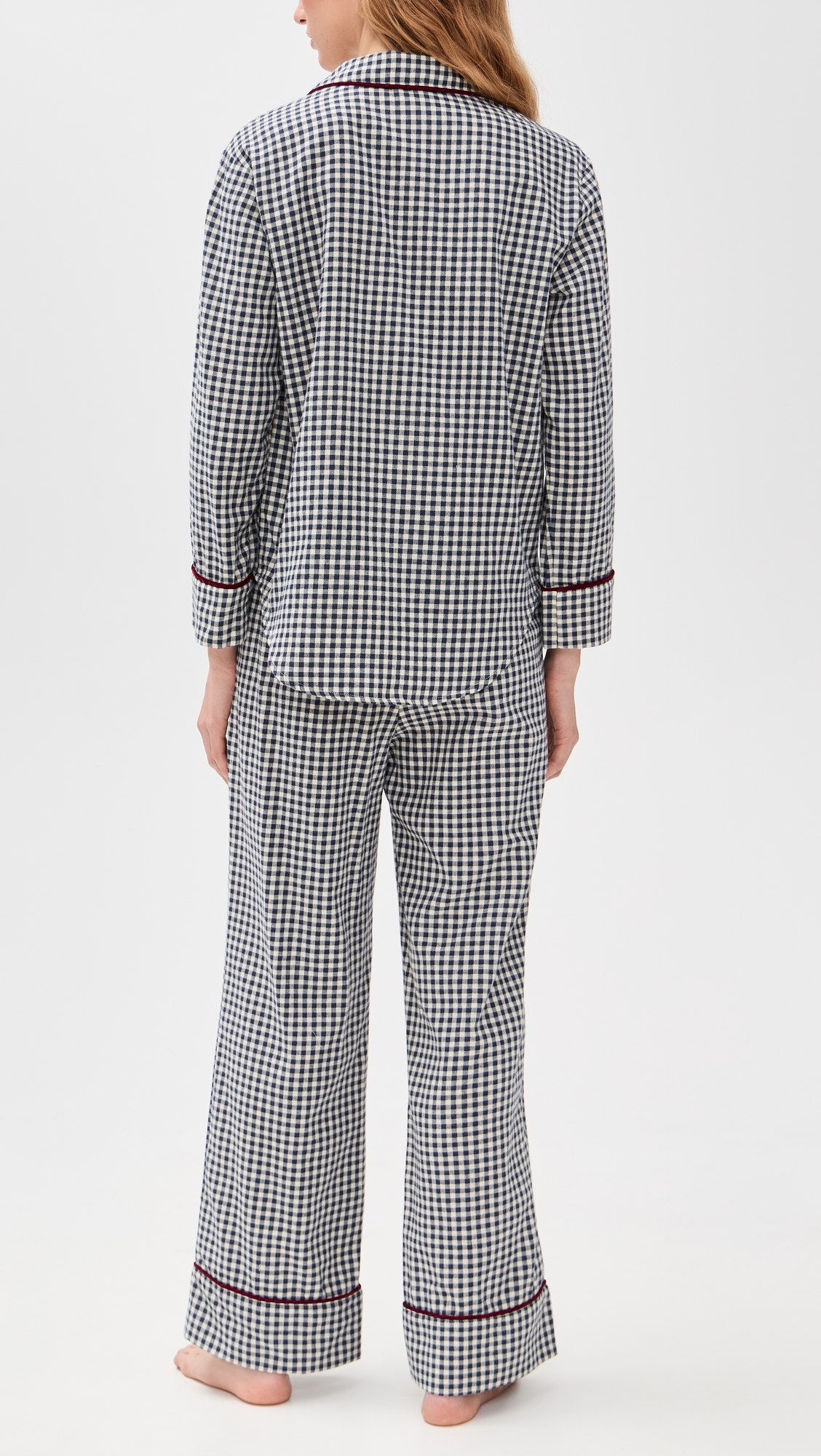 Flannel Gingham Piped Pajama Set Navy Gingham