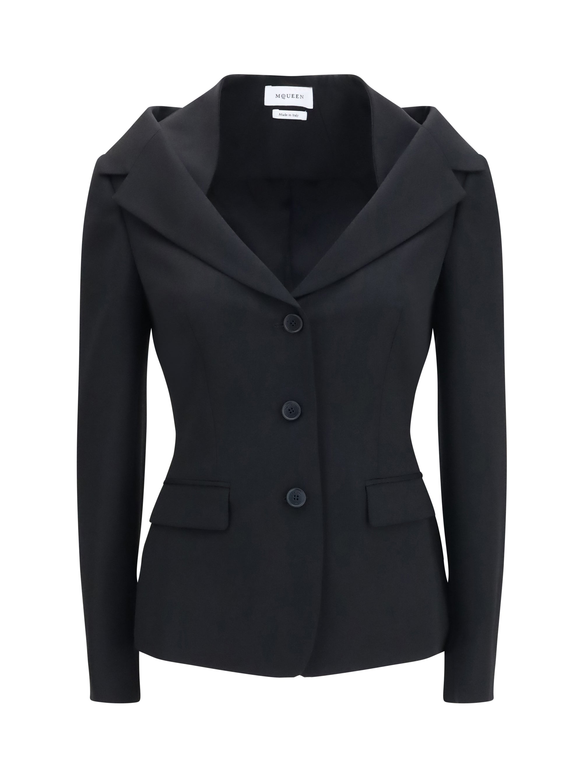 Structured Off-Shoulder Merino Wool Blazer — Black