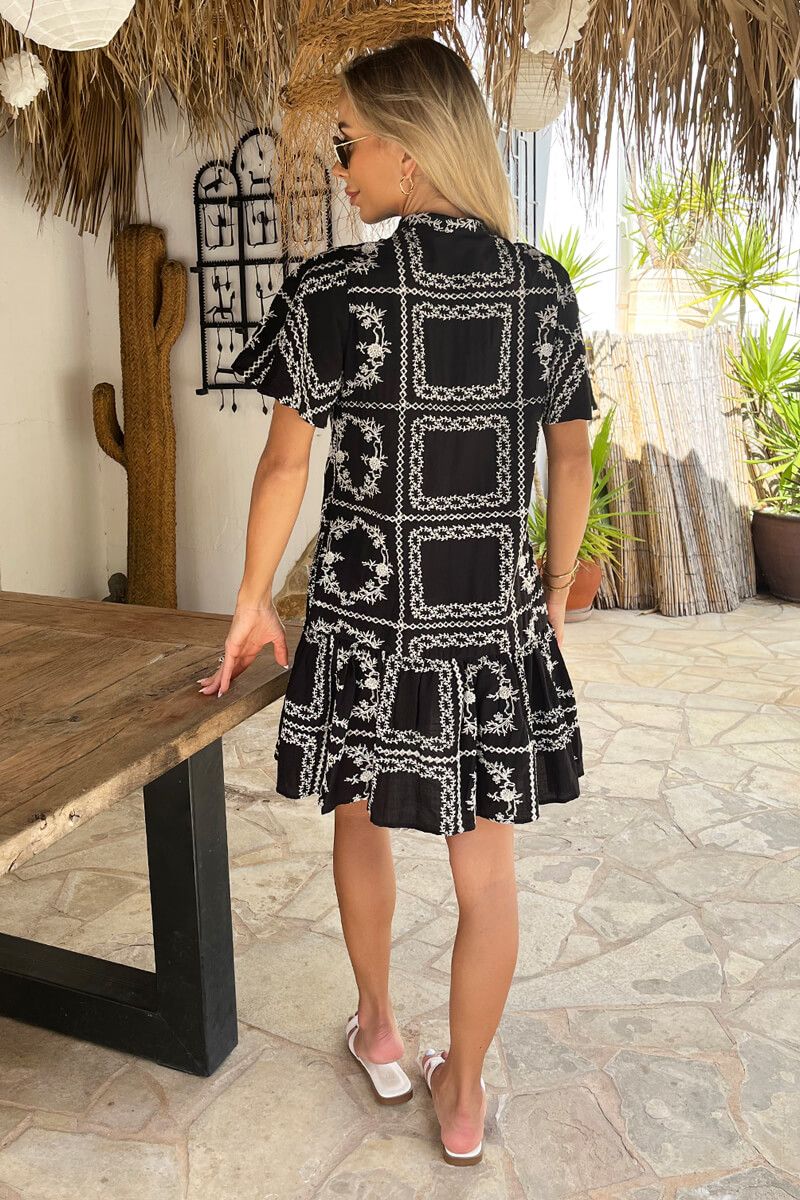 Ax Paris Black Embroidered Pattern Button Front Frill Hem Mini Dre