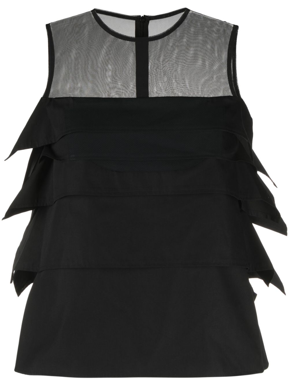 Ruffled sheer-yoke sleeveless top - Black