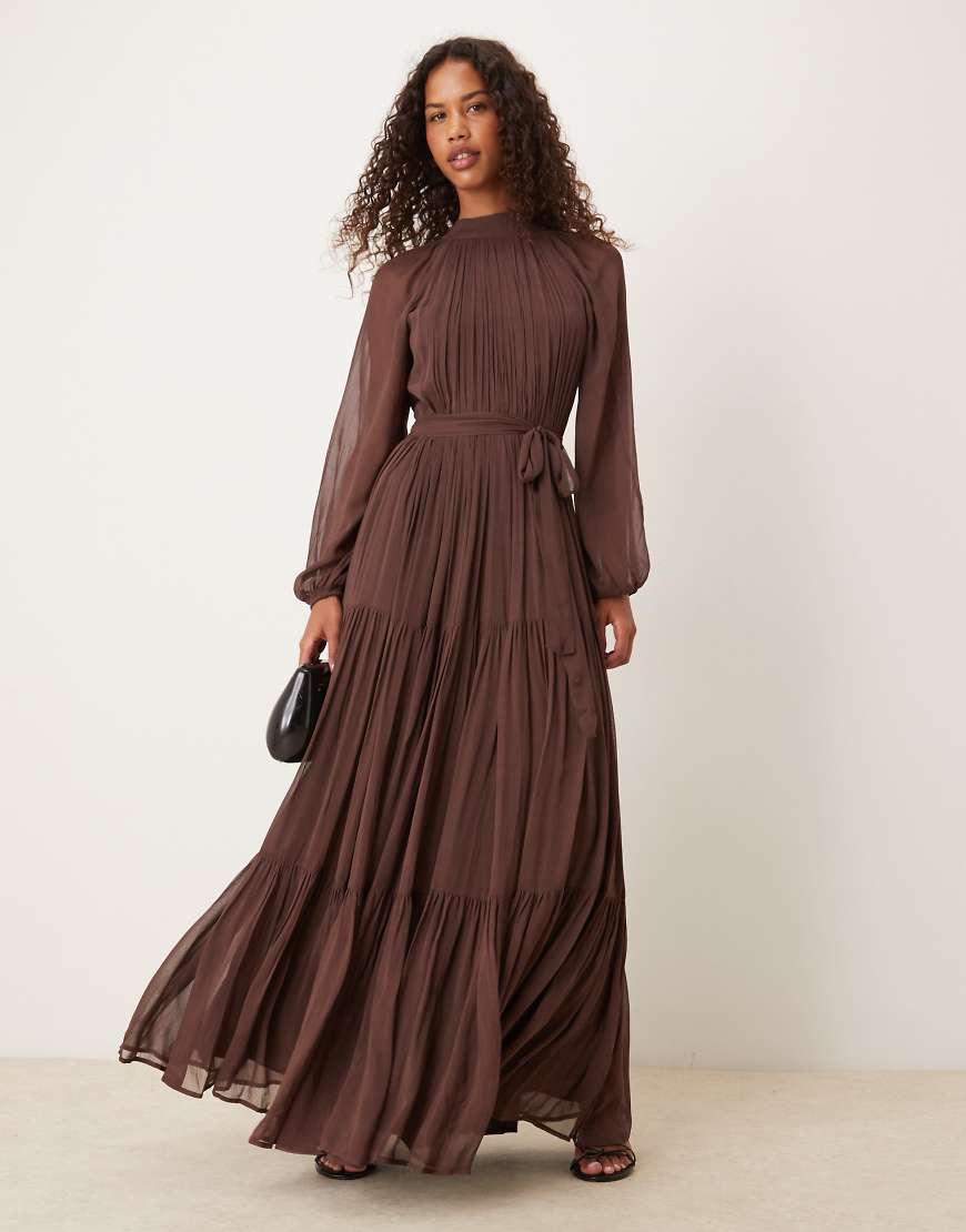 Chiffon balloon sleeve maxi dress in chocolate-Brown