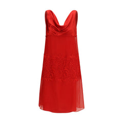 Draped Lace Silk Dress — Red