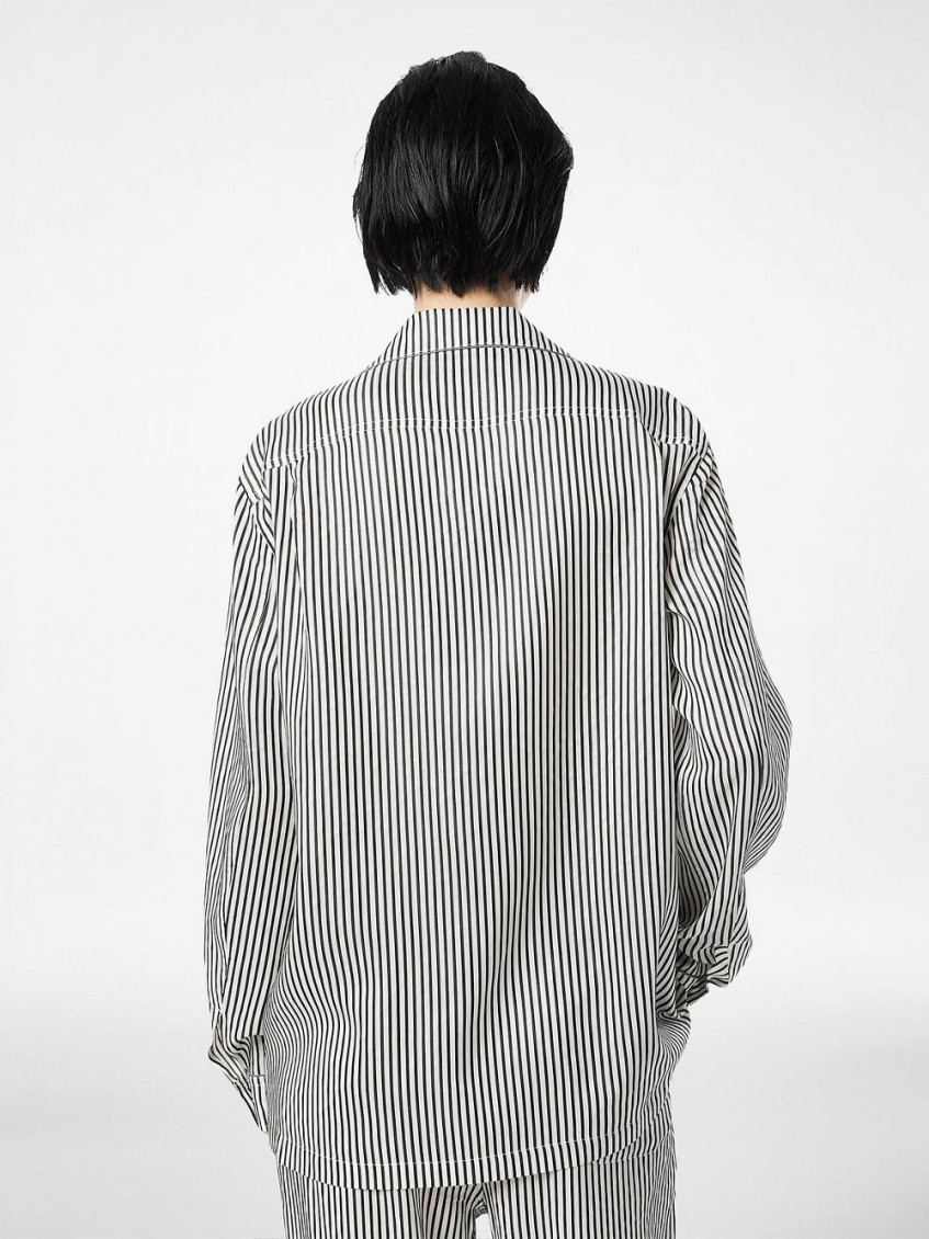 Striped Silk Pj Shirt With Piping And Tonal Tf Embroidered Logo