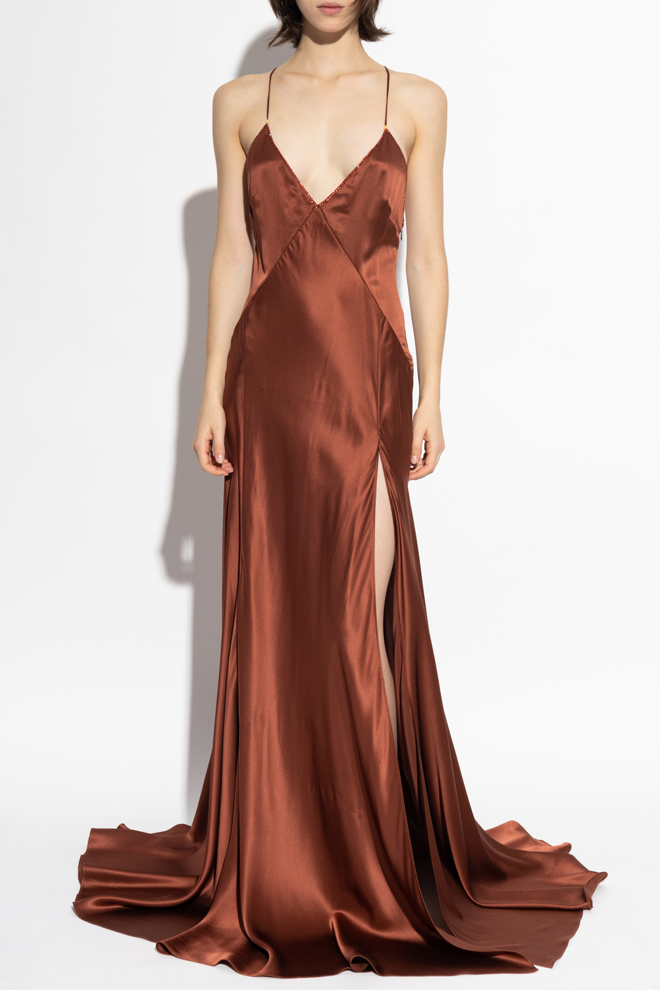 Silk Dress With Spaghetti Straps, Women's, Brown