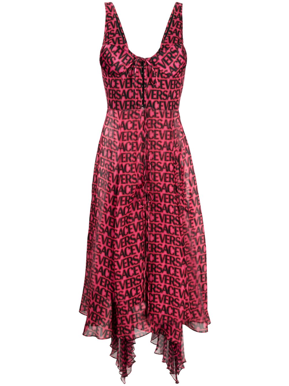 Logo-print asymmetric-hem silk dress - Pink