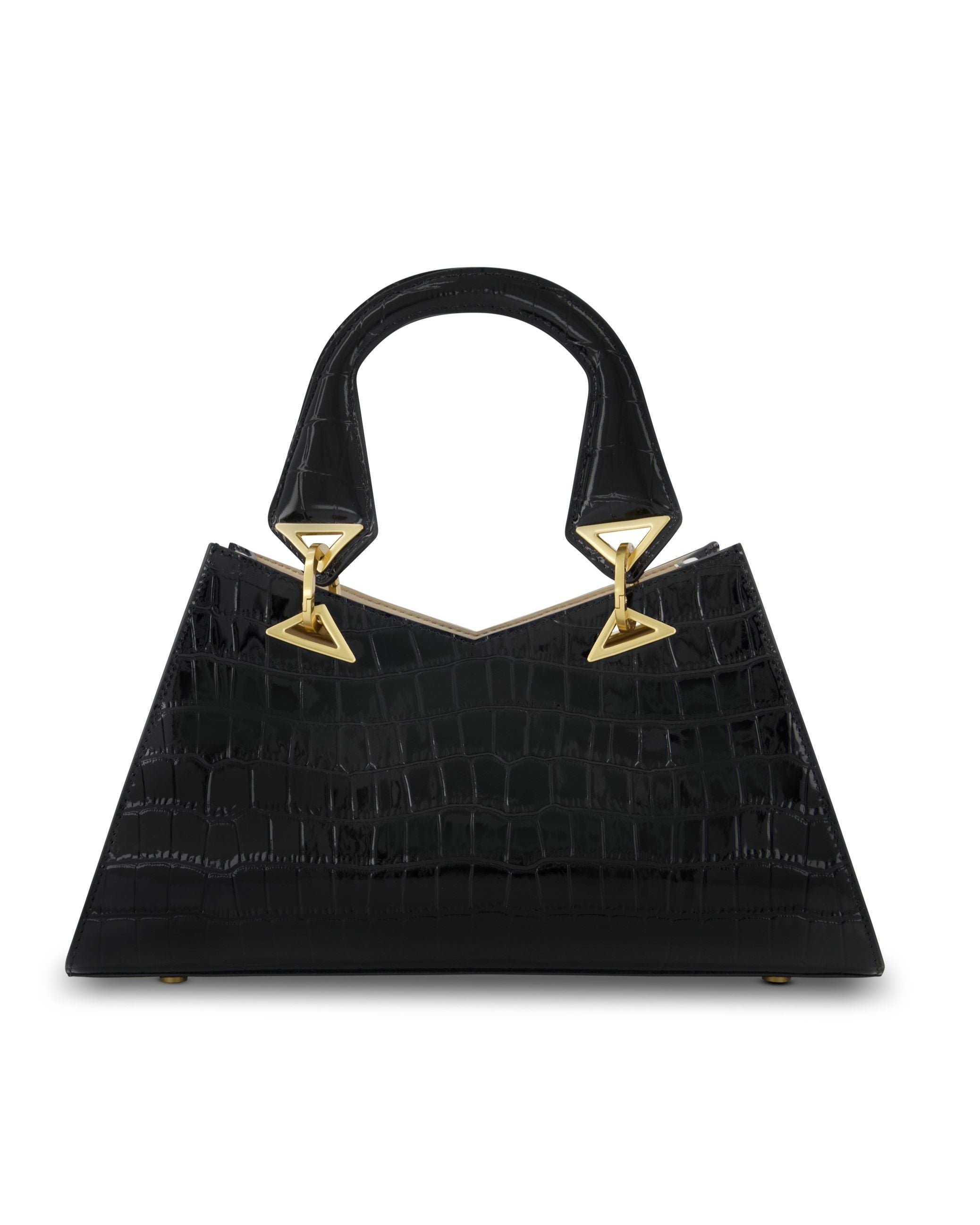 Crocodile Leather Handbag With Gold Hardware, Black, One Size