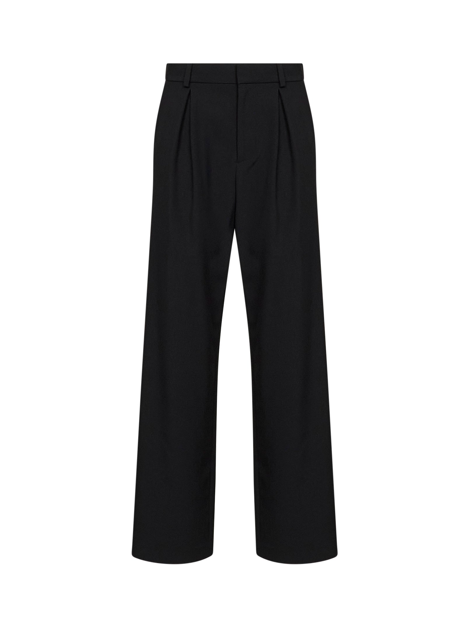 Pleated Wide-Leg Wool-Blend Trousers — Black