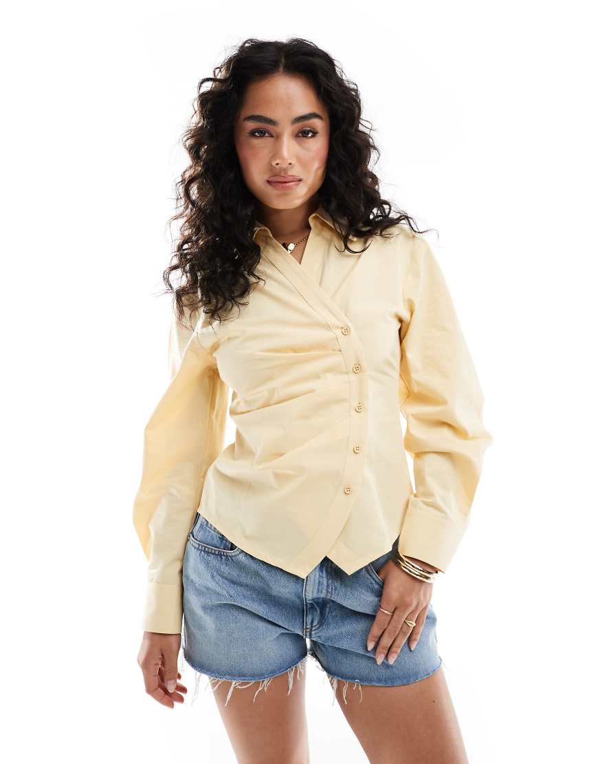 ASOS DESIGN ruched wrap shirt with cocoon sleeve in buttermilk-Yellow