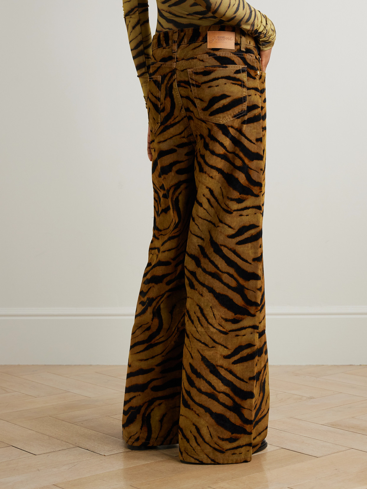 Zebra-print Cotton-blend Velveteen Wide-leg Pants - Green