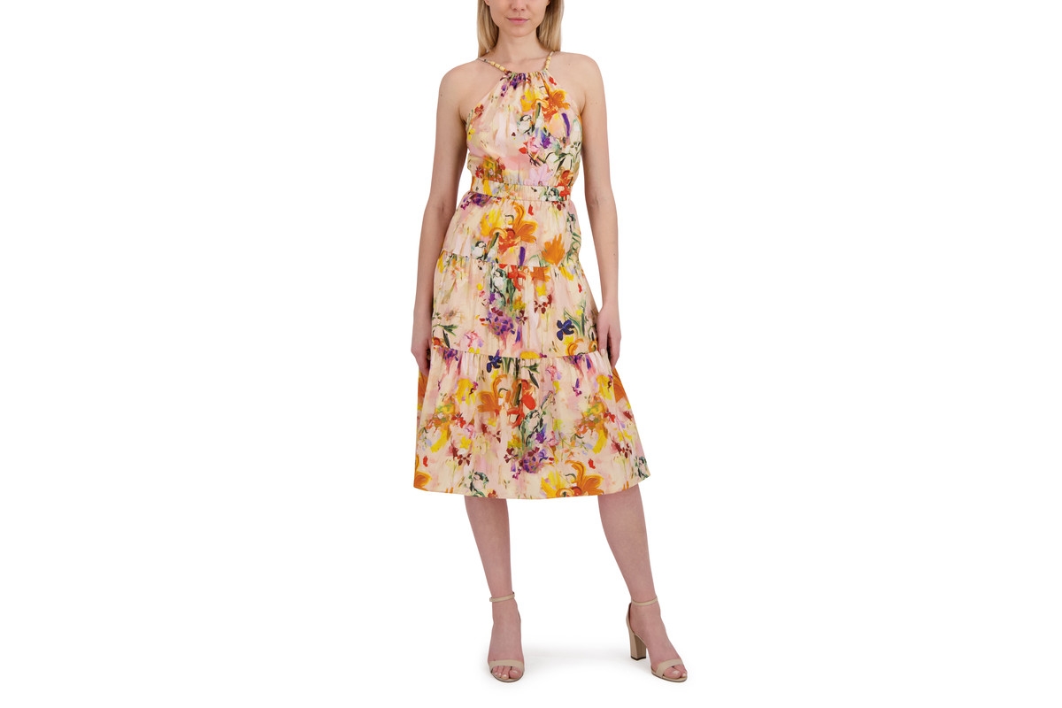 Women's Casual Sleeveless Halter Neck Elegant Midi Dress - Light rose
