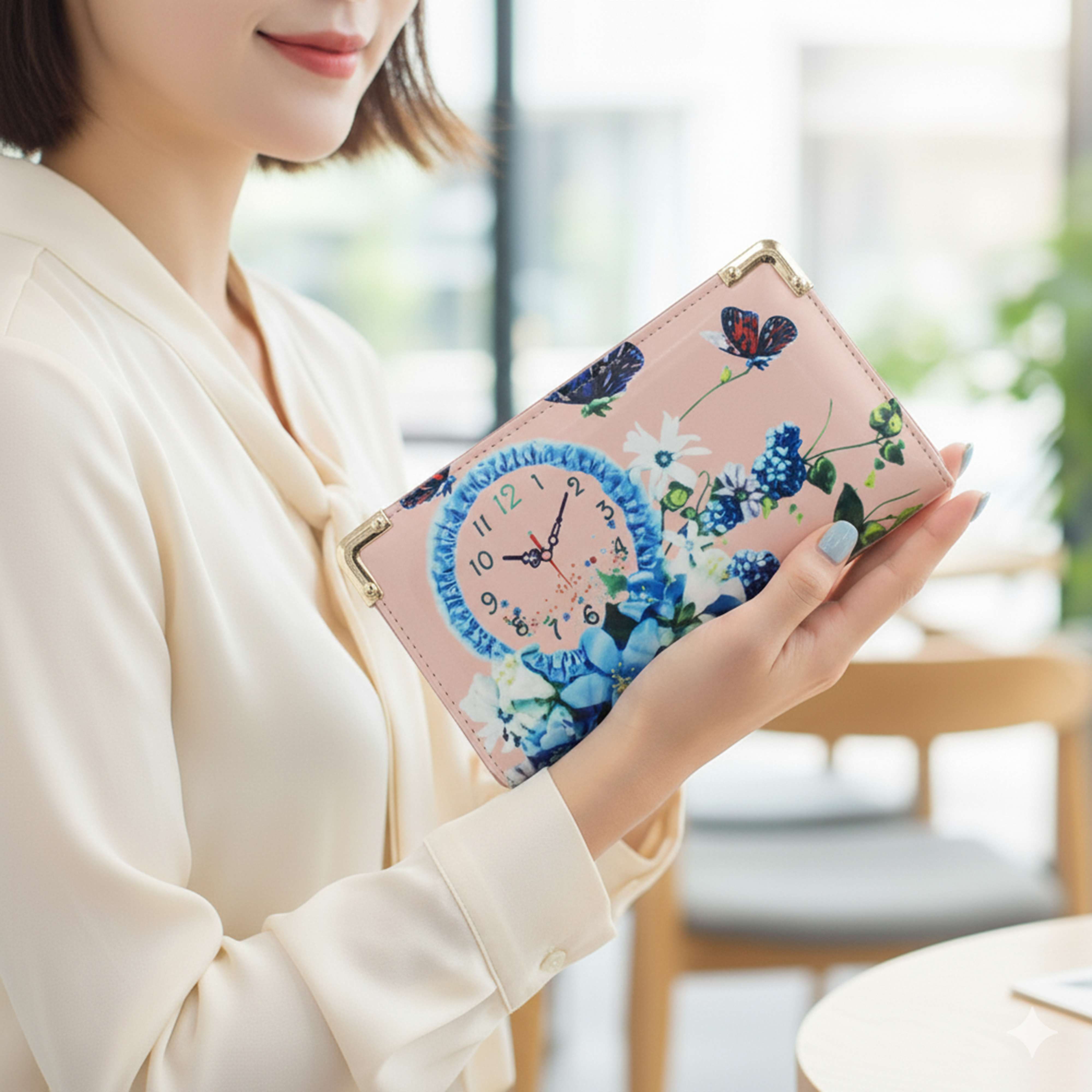 Kitise Women's Glossy Patent PU Leather Floral Butterfly Multi Pockets Wallet Purse in Pink