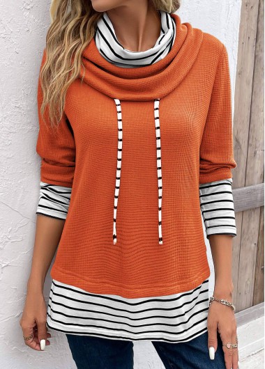 Modlily Orange Patchwork Striped Long Sleeve Cowl Neck Sweatshirt