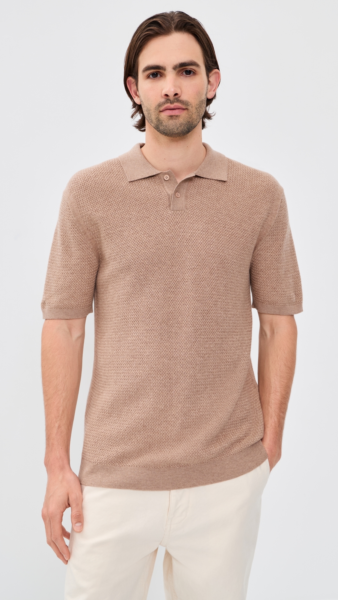 Textured Merino Cotton Short Sleeve Polo Roasted Almond