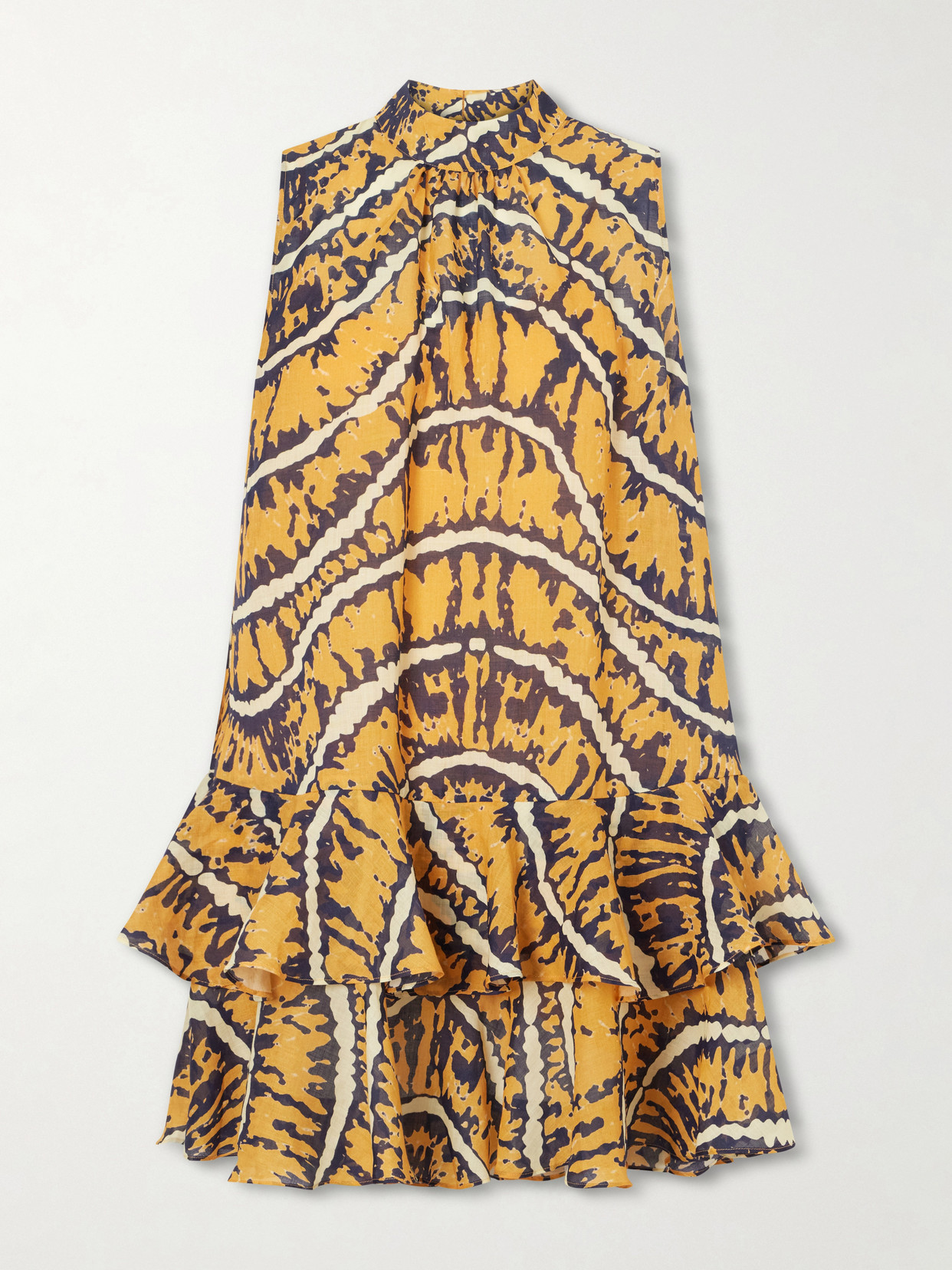 Ripple Tiered Printed Ramie Mini Dress - Yellow