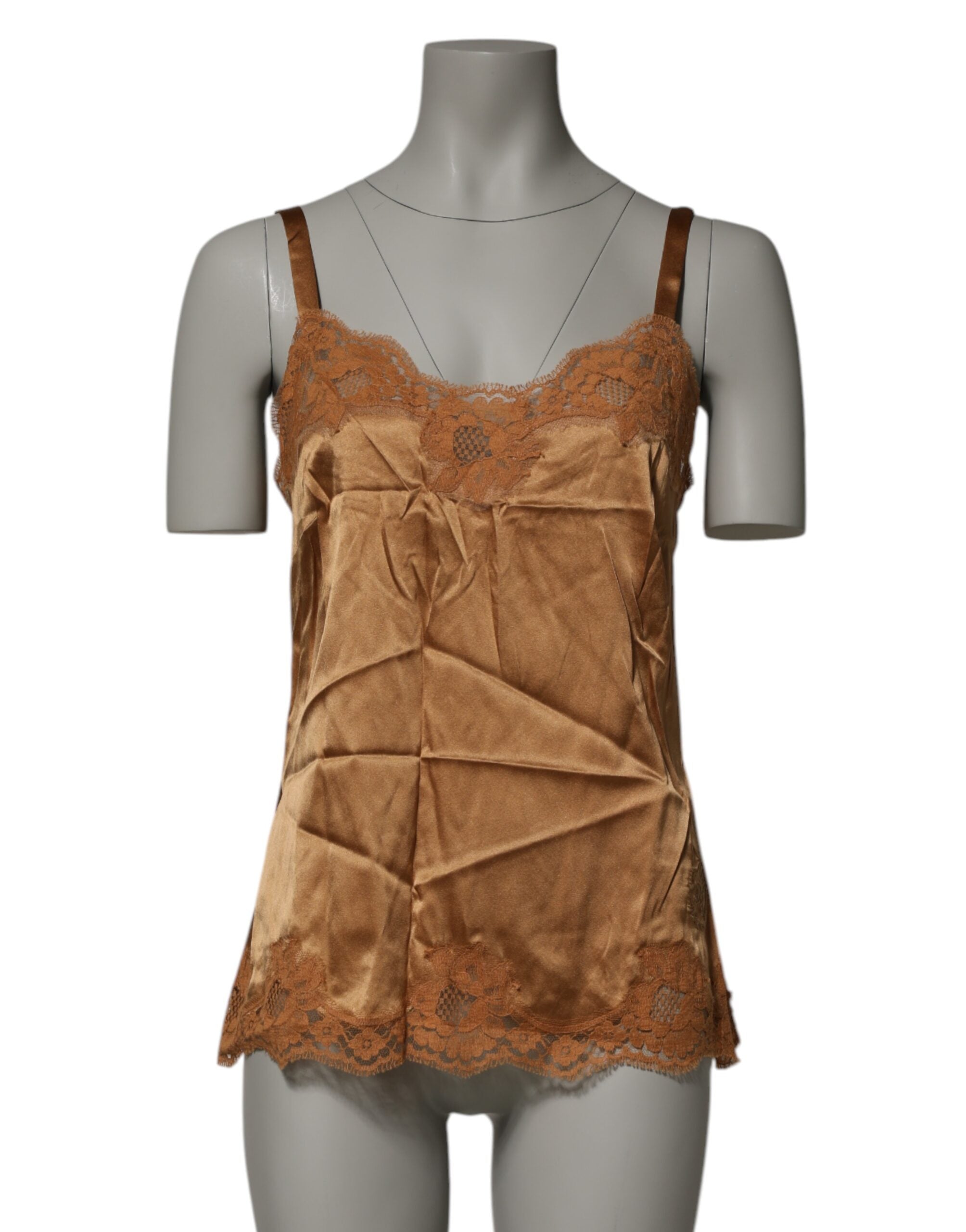Lace-Trimmed Silk Satin Tank Top — Brown
