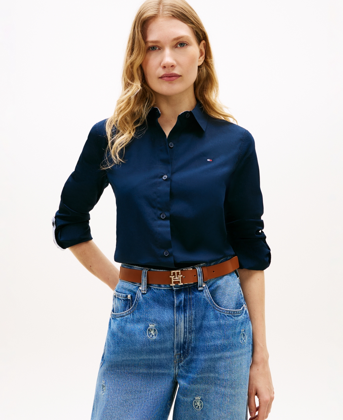 Women's Classic Poplin Roll-Tab Long-Sleeve Shirt - Dark Night Navy